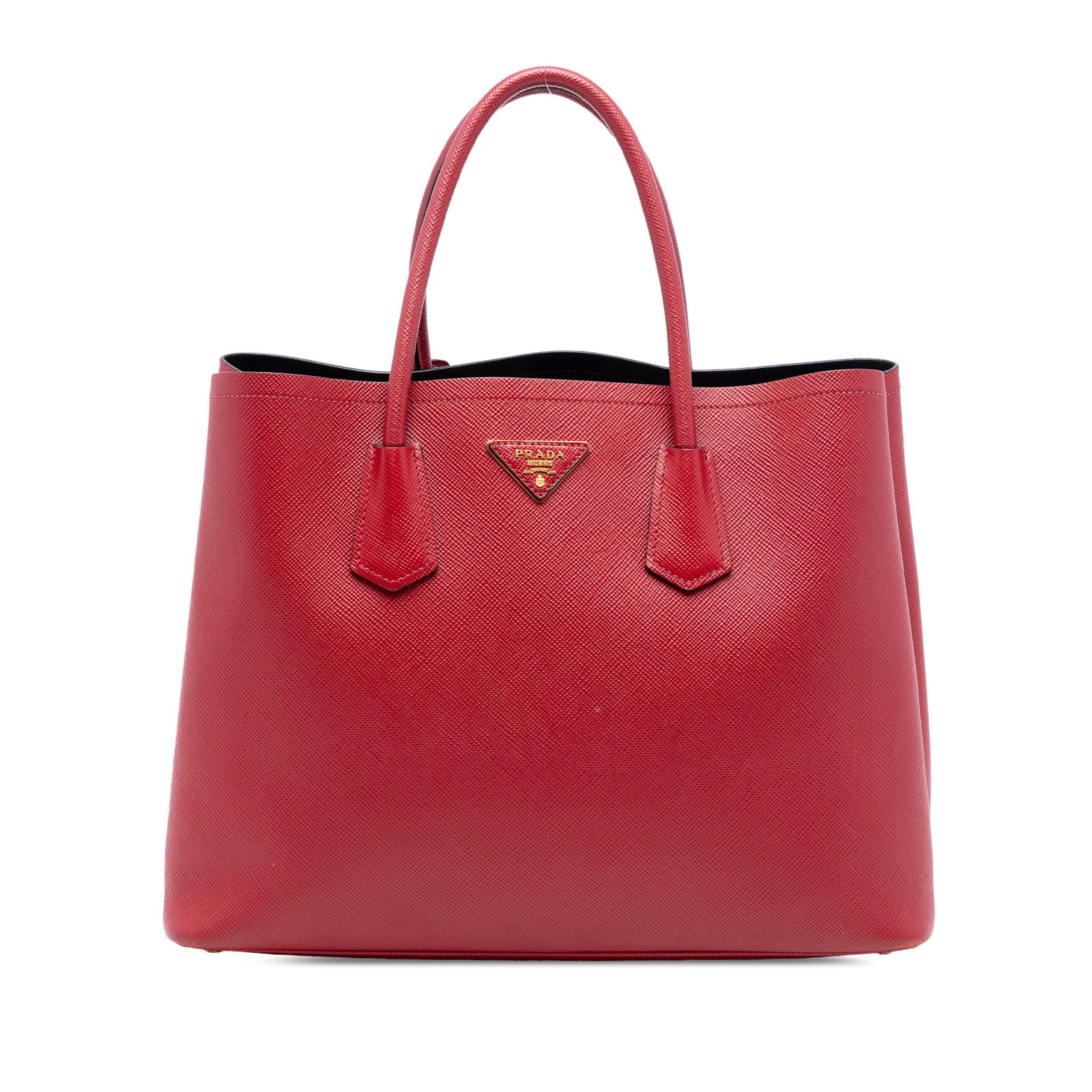 Prada Medium Saffiano Leather Double Handle Satchel Red: Prada Medium Saffiano Leather Double Handle Satchel Red This Prada Medium Saffiano Cuir Double Satchel features a saffiano leather body with rolled leather handles, an open top, and an interior flap p
