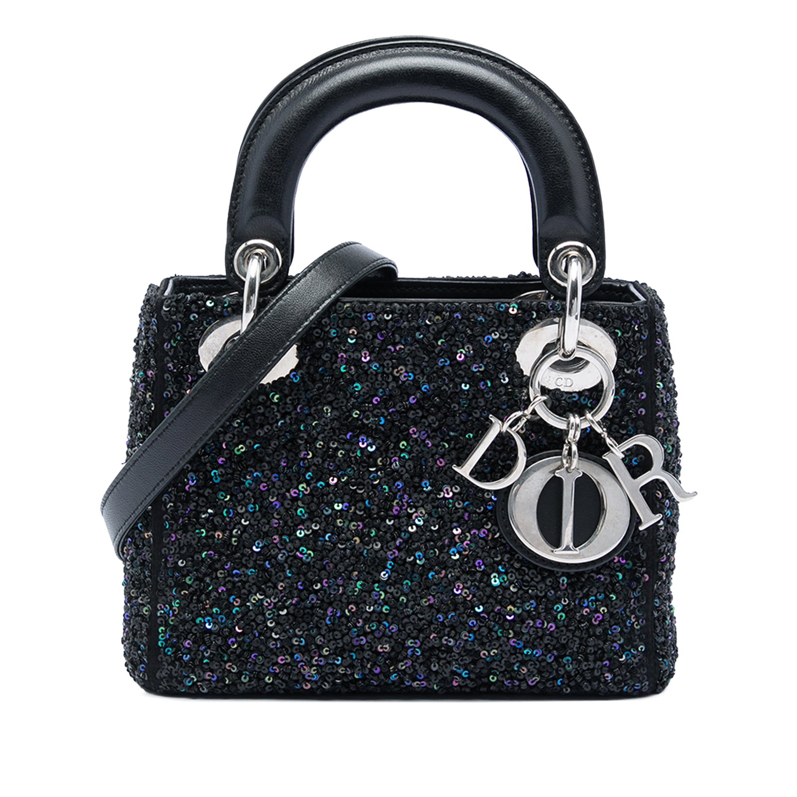Dior Lady Dior Mini Satin Handbag with Sequins and Strap: Dior Lady Dior Mini Satin Handbag with Sequins and Strap Mini Lady Dior bag in black satin with sequin embellishment. It features flat leather handles, a detachable flat leather strap, a top flap clos
