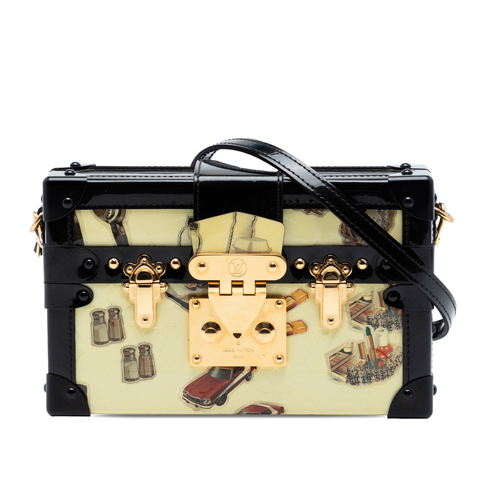 Louis Vuitton Petite Malle Monogram Vernis Stickers Bag: Louis Vuitton Petite Malle Monogram Vernis Stickers Bag This Louis Vuitton Monogram Vernis Stickers Petite Malle bag features a printed vernis leather body with leather trim, a detachable and adjustab