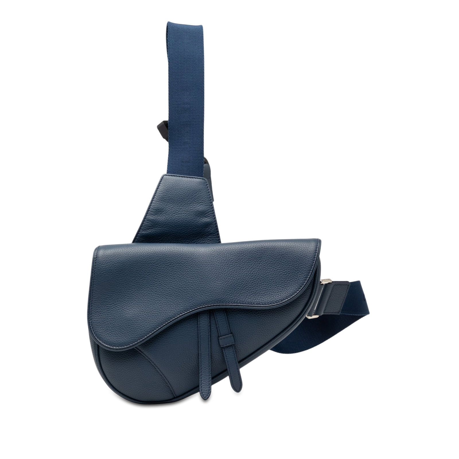 Dior Saddle Crossbody Bag in Blue Grained Calfskin: Dior Saddle Crossbody Bag in Blue Grained Calfskin Dior Saddle crossbody bag in blue grained calfskin with a leather body, adjustable flat canvas strap, front flap with magnetic snap closure, and top 