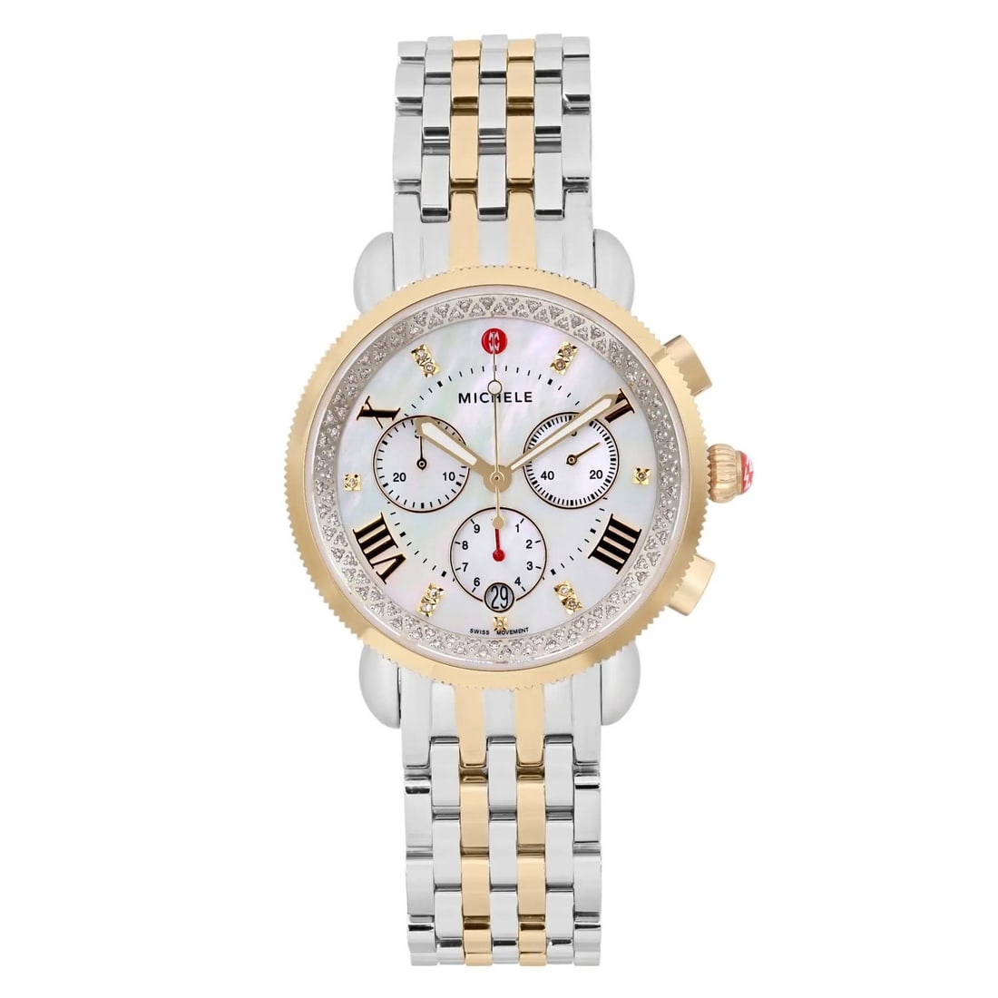 MICHELE Sport Sail 38MM Luxury Watch Diamond MOP Two Tone Bracelet: MICHELE Sport Sail 38MM Luxury Watch Diamond MOP Two Tone Bracelet This exquisite Michele Sport Sail wristwatch combines luxury and functionality in a striking two-tone design. Featuring a 38MM round 