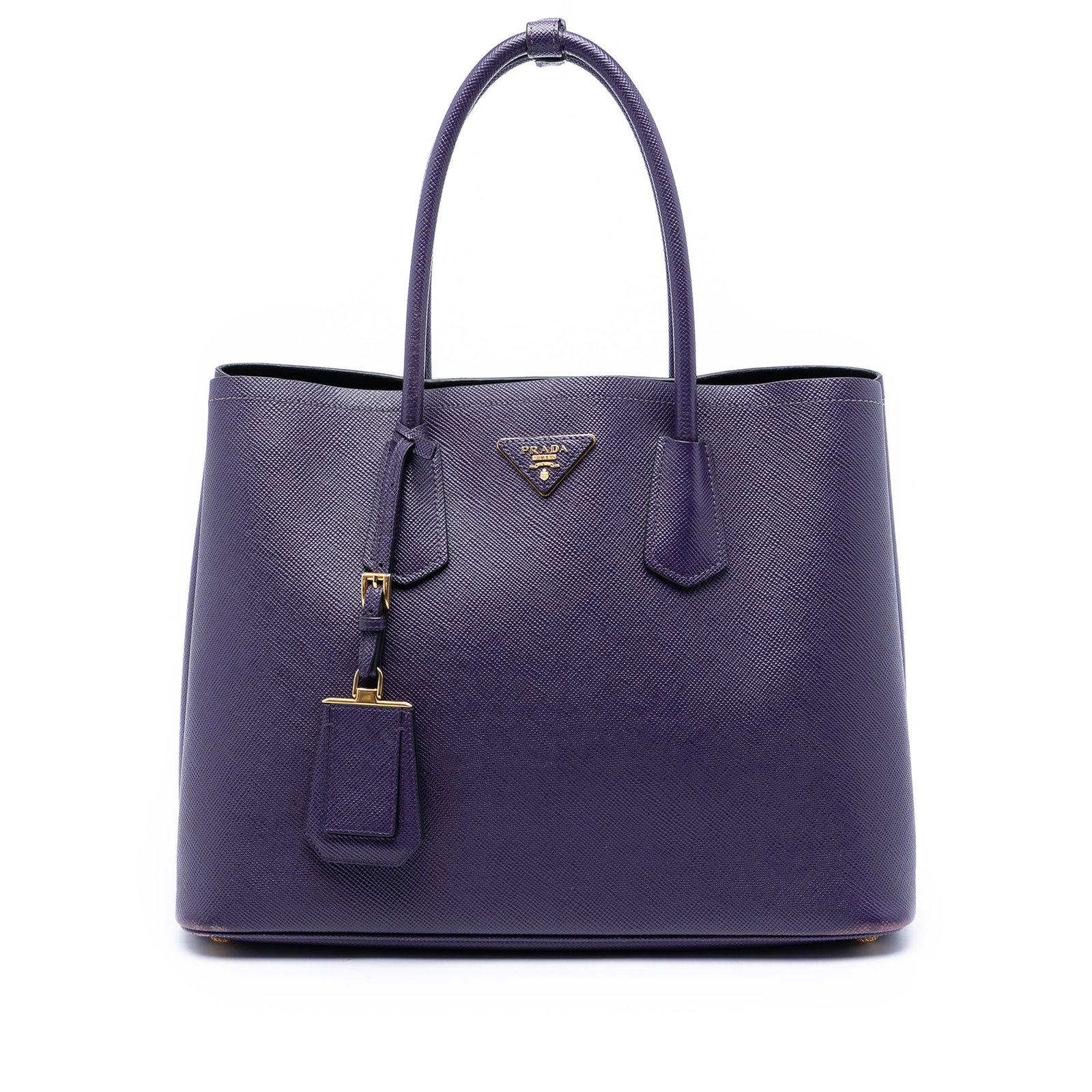 Prada Medium Double Satchel in Purple Saffiano Leather: Prada Medium Double Satchel in Purple Saffiano Leather Prada Medium Saffiano Cuir Double Satchel in purple leather. This satchel features rolled leather handles, an open top with side snap button clos