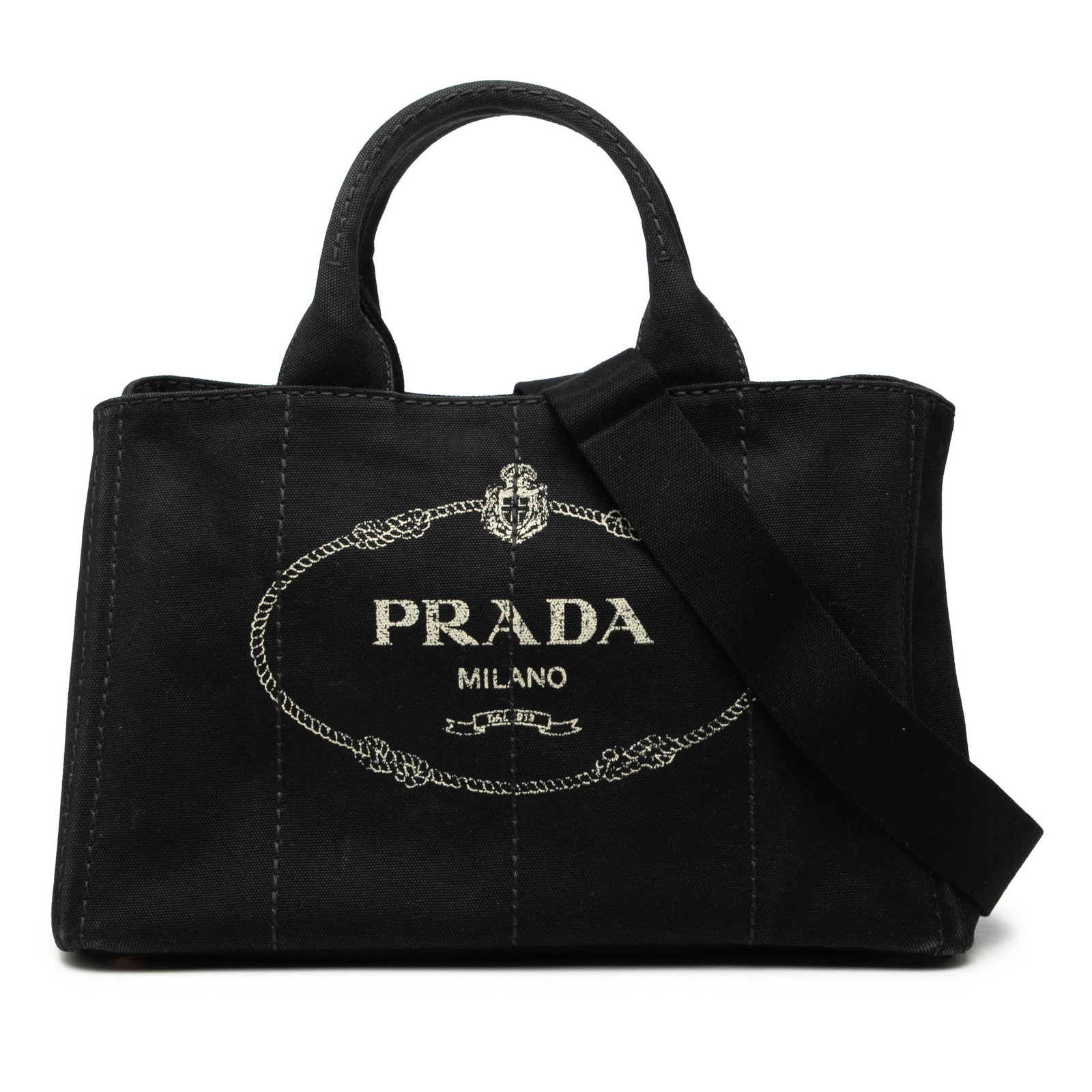 Prada Canapa Logo Canvas Satchel Black with Detachable Strap: Prada Canapa Logo Canvas Satchel Black with Detachable Strap This Prada Canvas Canapa Logo Satchel features a black canvas body with rolled handles and a detachable, adjustable canvas strap. The bag i