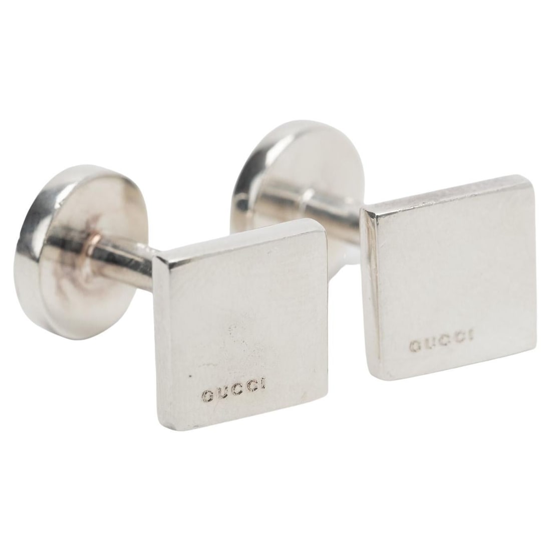 Sterling Silver Square Cufflinks by Gucci with Pouch and Box: Sterling Silver Square Cufflinks by Gucci with Pouch and Box Gucci sterling silver square cufflinks from the 21st century, crafted in 2010. These un-used cufflinks feature a sleek geometric design and