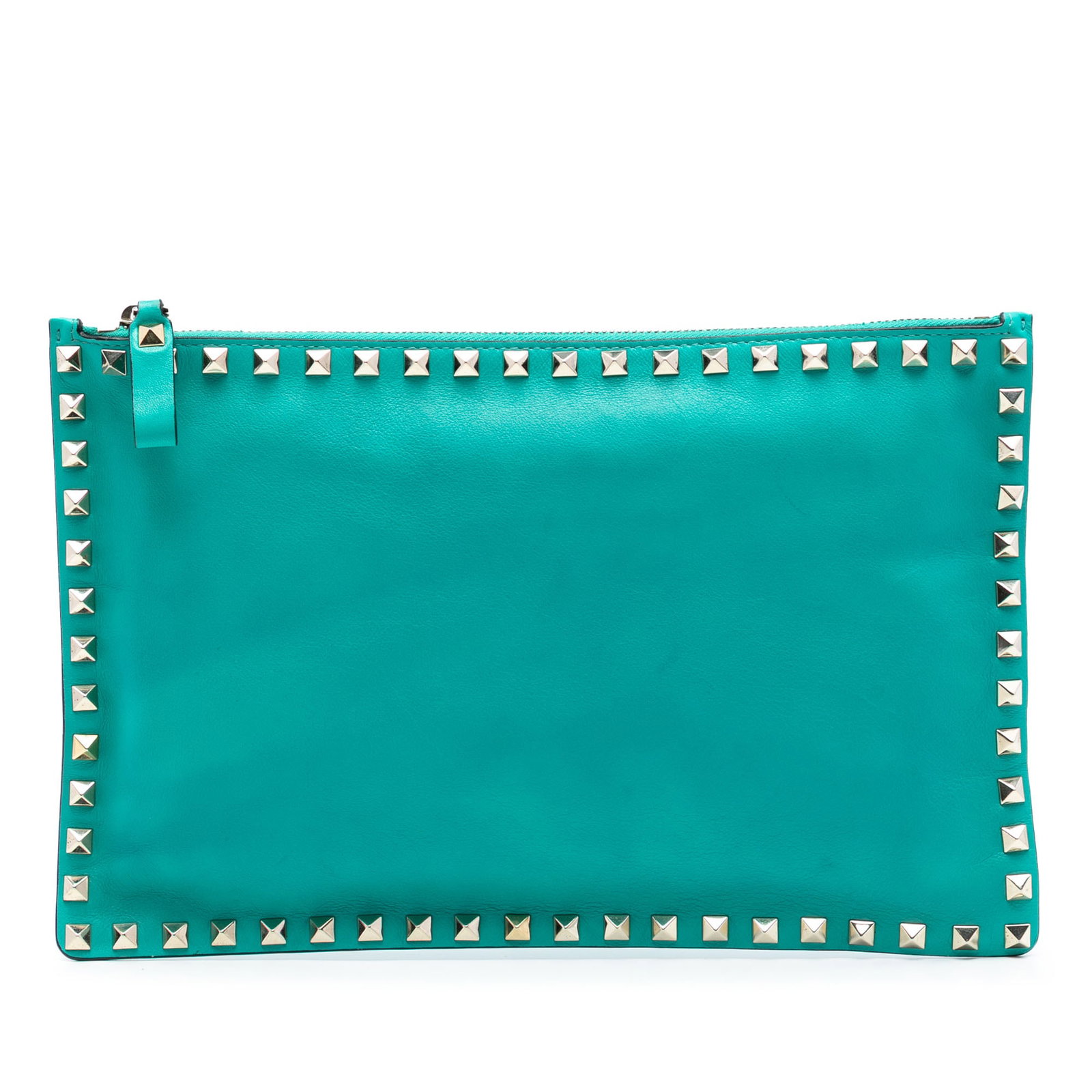 Blue Leather Clutch with Stud Accents by Valentino: Blue Leather Clutch with Stud Accents by Valentino This Valentino clutch features a leather body with metal stud detailing and a top zip closure. The bag is blue in color and crafted in Italy. Notable