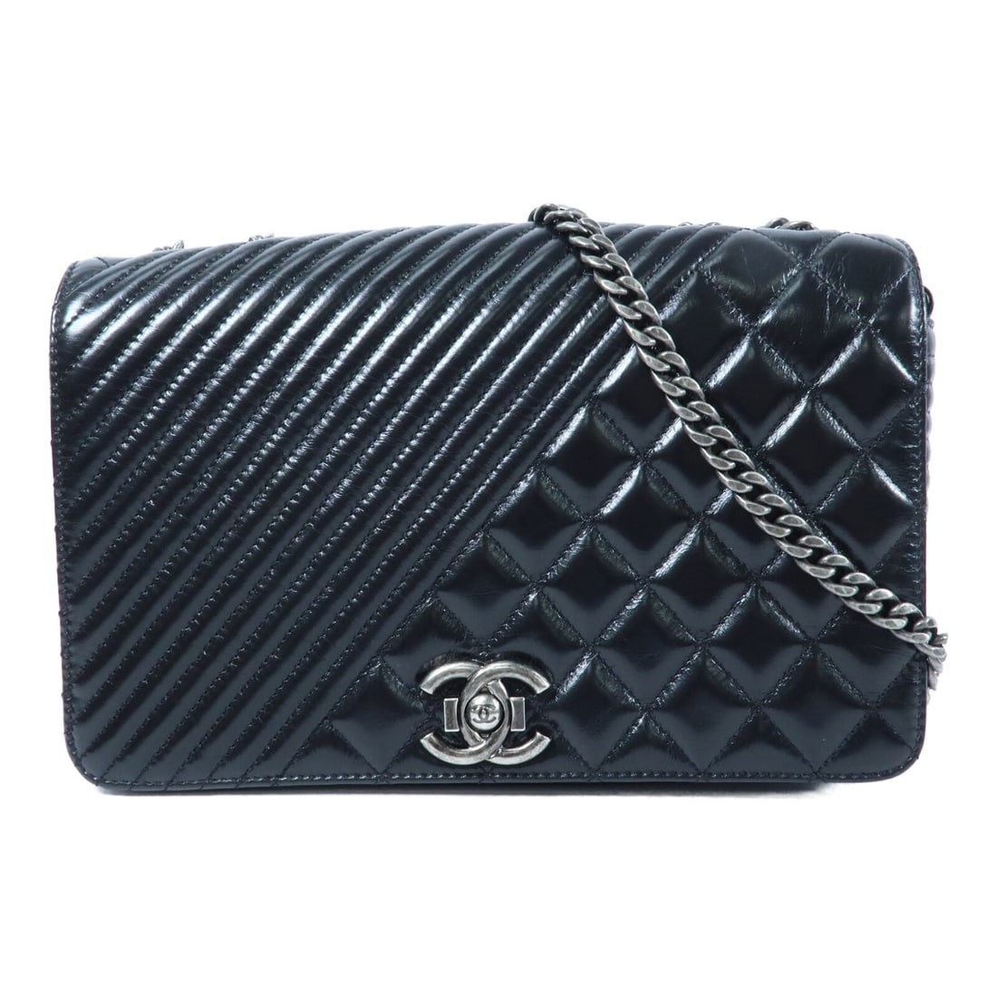 CHANEL Boy Flap Shoulder Bag Black Calfskin Chain Strap CC: CHANEL Boy Flap Shoulder Bag Black Calfskin Chain Strap CC A CHANEL CC Coco Boy Flap Bag chain shoulder bag in black calfskin (cowhide) leather. This women's regular-size shoulder bag features a flap 