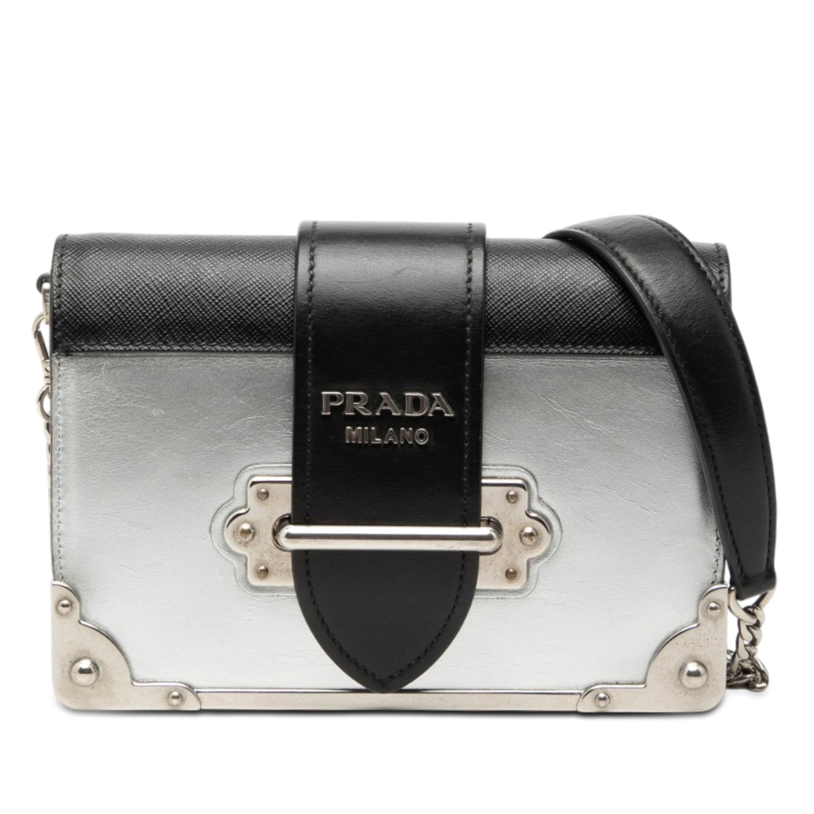 Prada Cahier Metallic Leather Shoulder Bag with Saffiano Trim: Prada Cahier Metallic Leather Shoulder Bag with Saffiano Trim Prada Cahier bag in metallic leather with saffiano leather trim. It features a detachable curb chain link strap with a leather guard, a fr