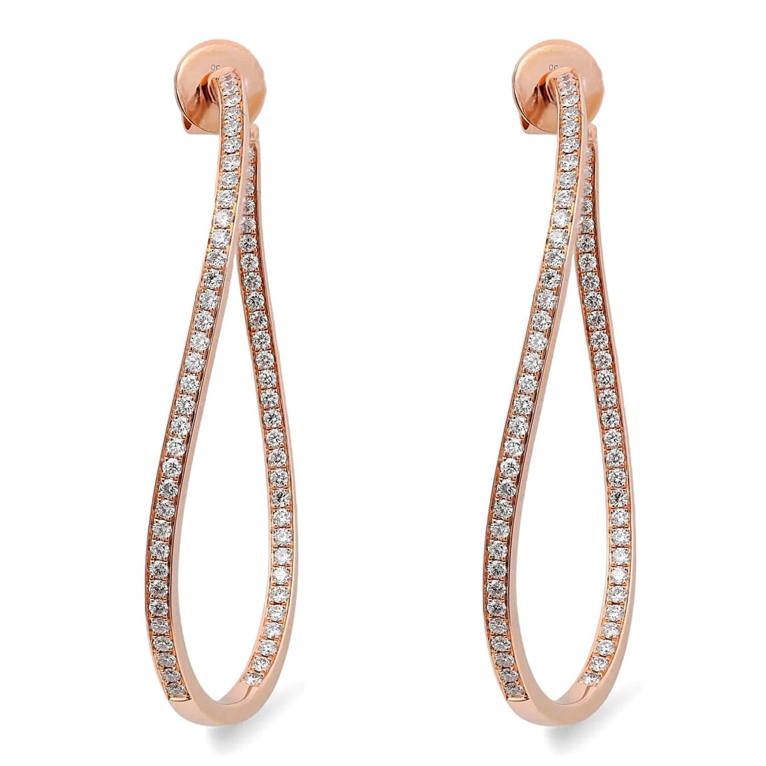 18k Rose Gold Memoire Diamond Hoop Earrings with Twist Design 2.00ctw: 18k Rose Gold Memoire Diamond Hoop Earrings with Twist Design 2.00ctw These Memoire hoop earrings feature an elegant twist design crafted from 18k rose gold. The inside-out style is adorned with pave-