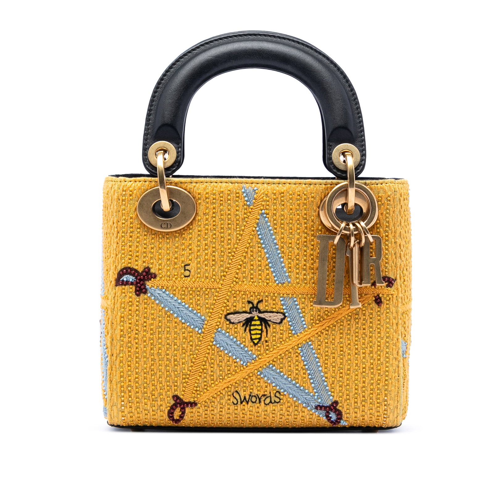 Dior Lady Dior Mini Bag in Yellow Embroidered Canvas: Dior Lady Dior Mini Bag in Yellow Embroidered Canvas Mini Lady Dior bag in yellow embroidered canvas with flat leather top handles, a top flap closure, and an interior zip pocket. Includes dust bag. C