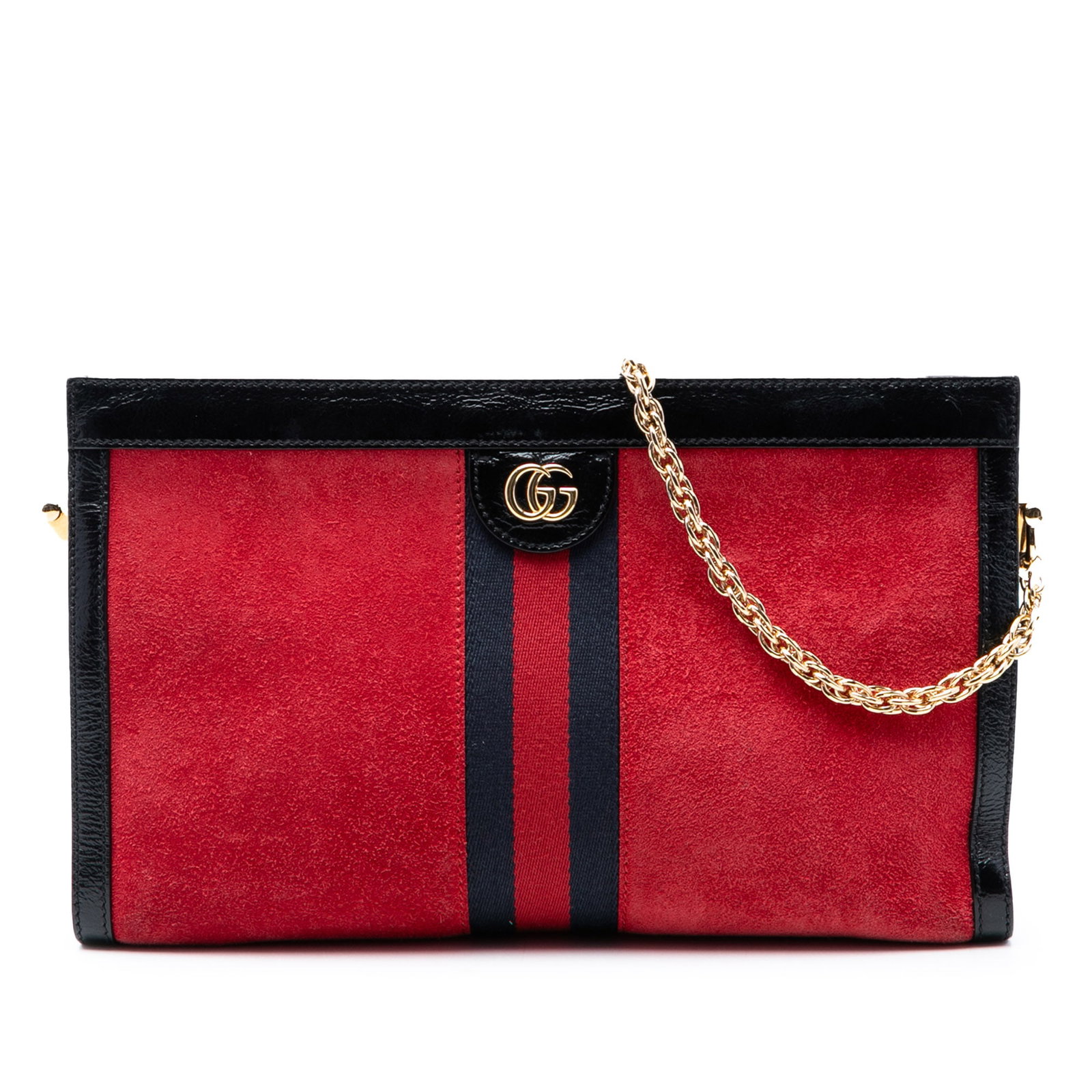 Gucci Ophidia red suede chain shoulder bag: Gucci Ophidia red suede chain shoulder bag This Gucci Medium Suede Web Ophidia Chain Shoulder Bag features a suede body with leather trim, a chain link shoulder strap, and an open top secured by magne