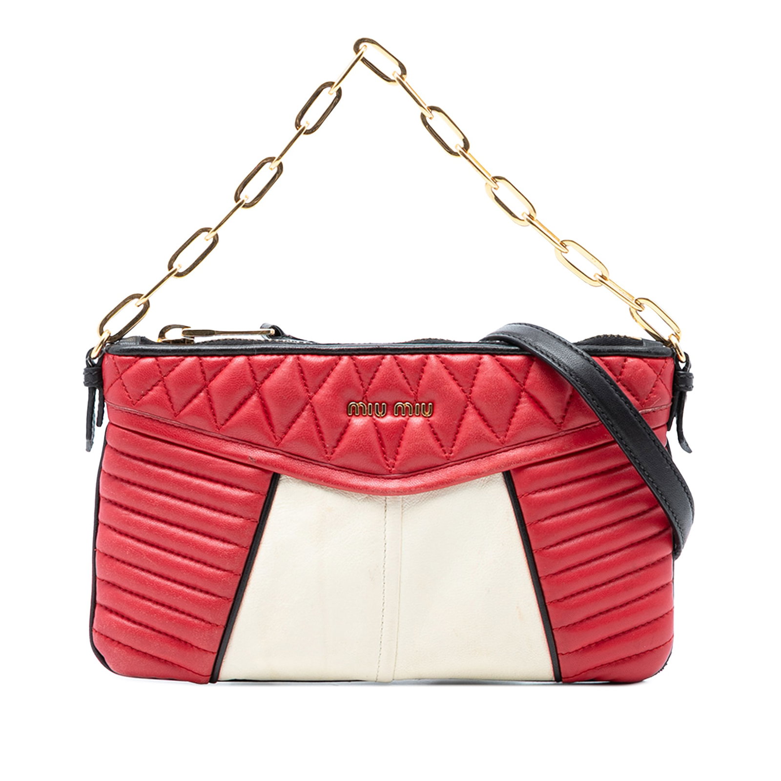 Miu Miu Bicolor Nappa Biker Red Leather Satchel: Miu Miu Bicolor Nappa Biker Red Leather Satchel This Miu Miu Bicolor Nappa Biker Satchel features a quilted leather body in a striking red hue, complemented by a chain link handle and a detachable fla