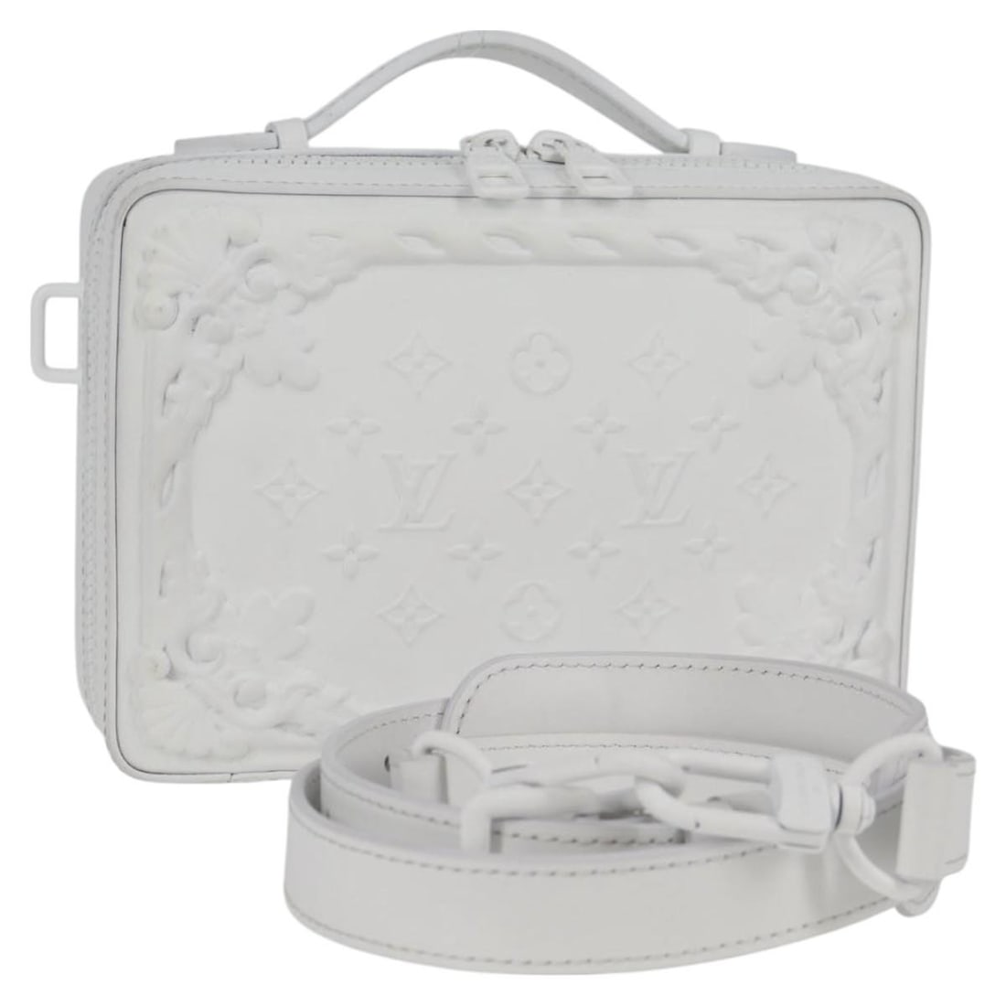 Louis Vuitton M21833 Ornament Soft Trunk White Monogram Canvas Shoulder Bag: Louis Vuitton M21833 Ornament Soft Trunk White Monogram Canvas Shoulder Bag Louis Vuitton Monogram LV Ornament Soft Trunk bag in white, designed as a shoulder bag for women. It is made of Monogram Can
