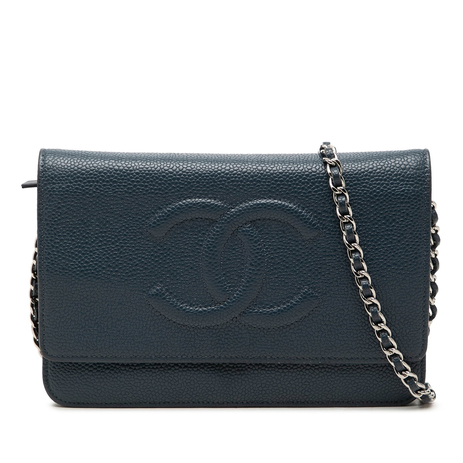 Chanel CC Caviar Leather Wallet on Chain Blue: Chanel CC Caviar Leather Wallet on Chain Blue Chanel CC Caviar Wallet On Chain in blue leather with a caviar leather body and a leather woven chain strap. It features a top flap with magnetic closure 