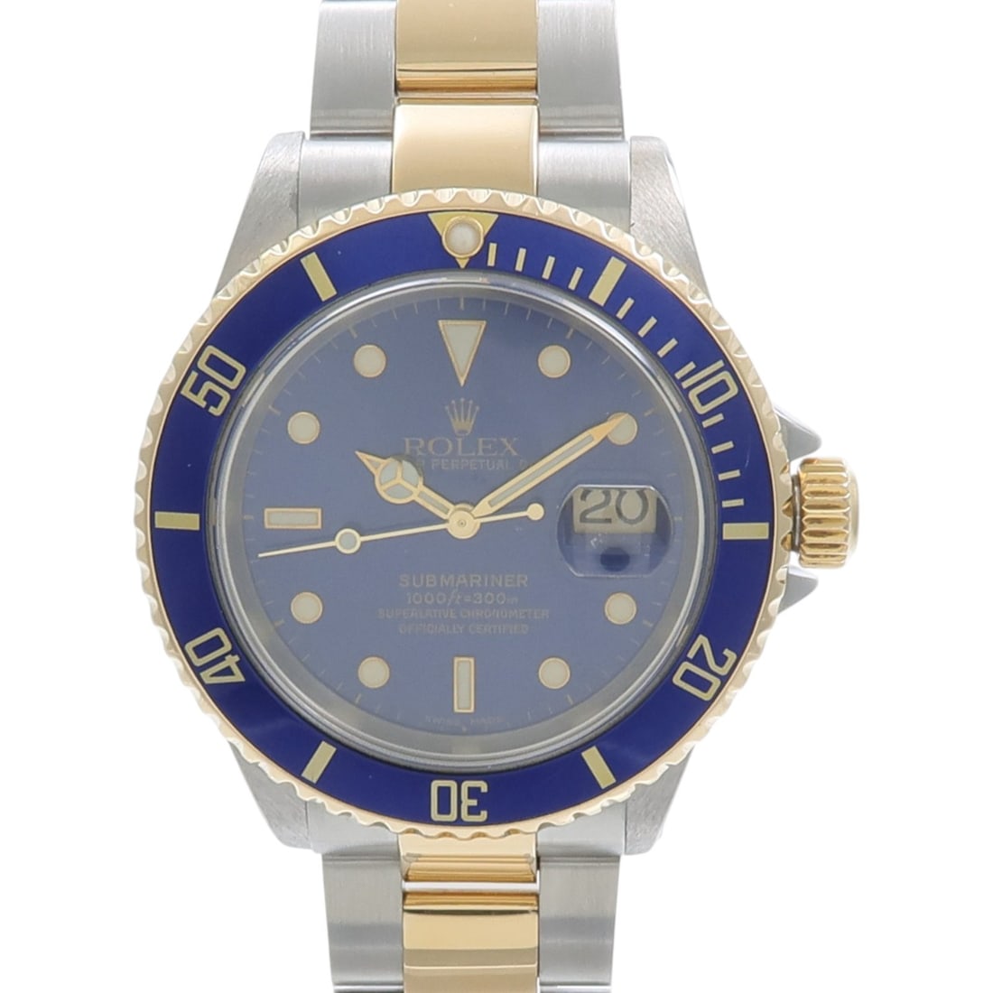 Rolex 16613LB Submariner automatic mens watch blue steel 18K gold: Rolex 16613LB Submariner automatic mens watch blue steel 18K gold Rolex Submariner 16613LB automatic watch for men, featuring a blue dial and a 40 mm case diameter without crown. It is made of 18K yel