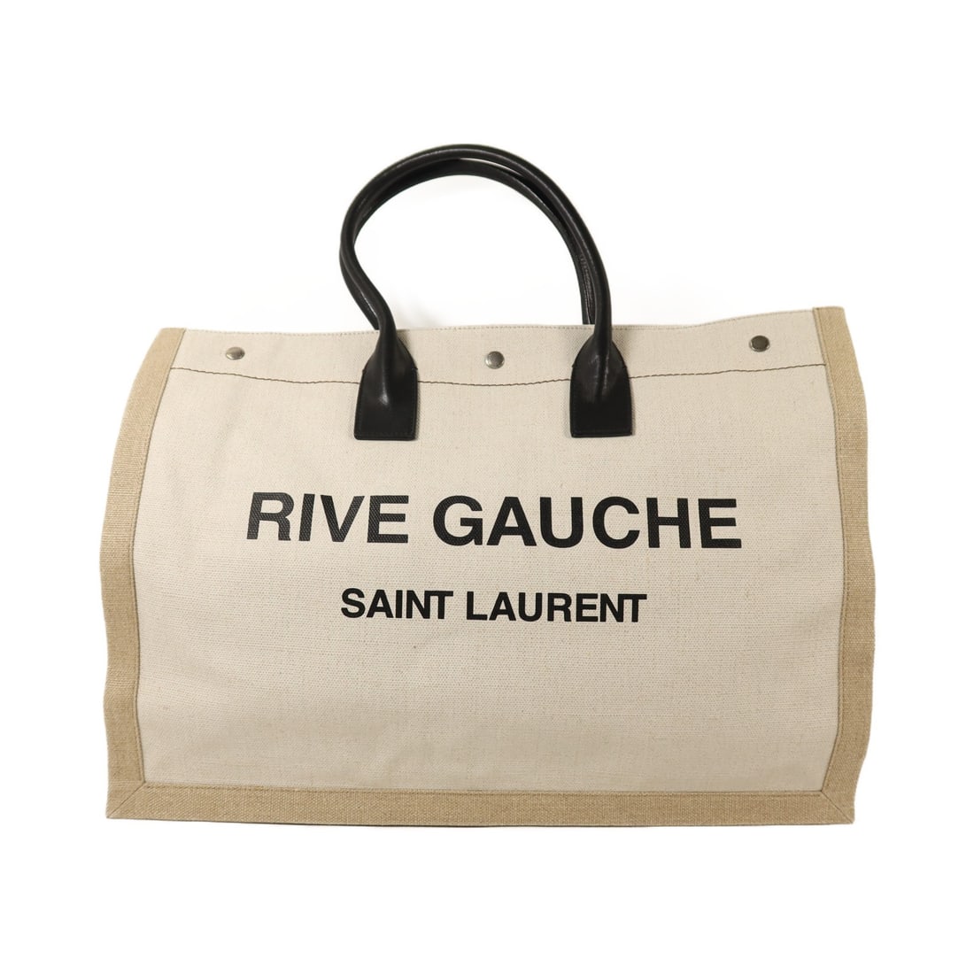 SAINT LAURENT Rive Gauche Large Canvas Tote 509415 White Black: SAINT LAURENT Rive Gauche Large Canvas Tote 509415 White Black Large tote bag in canvas with a white and black colorway. It features a hook button closure and one inside zip pocket. Accessories are no