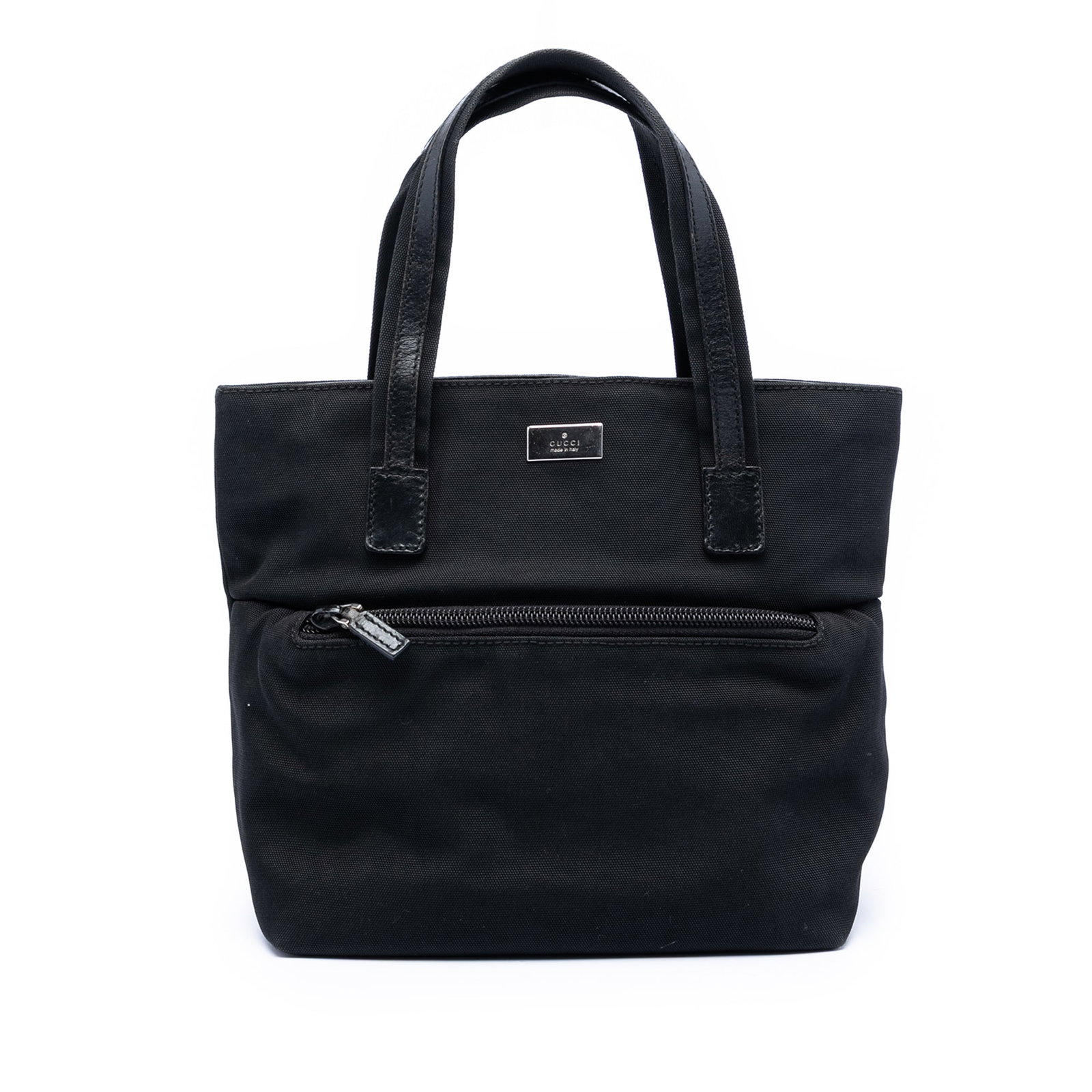 Black GG Canvas Shoulder Bag with Leather Trim by Gucci: Black GG Canvas Shoulder Bag with Leather Trim by Gucci This Gucci GG Canvas Handbag features a canvas body with leather trim, flat leather handles, a top zip closure, an exterior front zip pocket, an