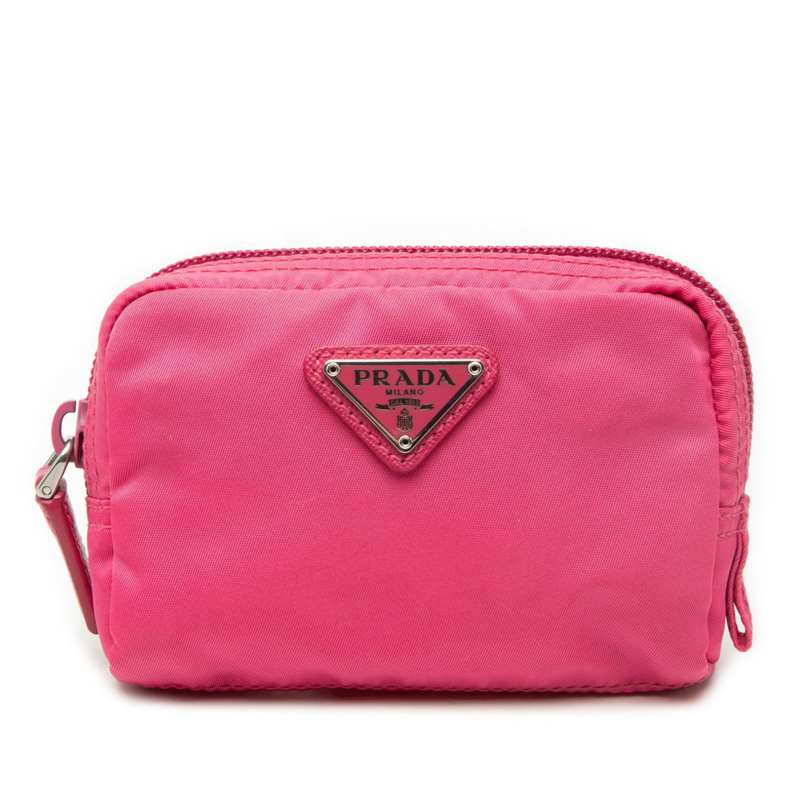 Prada Tessuto Pink Nylon Zip Coin Pouch: Prada Tessuto Pink Nylon Zip Coin Pouch This Prada Tessuto Cosmetic Pouch features a pink nylon fabric body with a top zip closure. The pouch is compact and functional, designed for carrying small ess