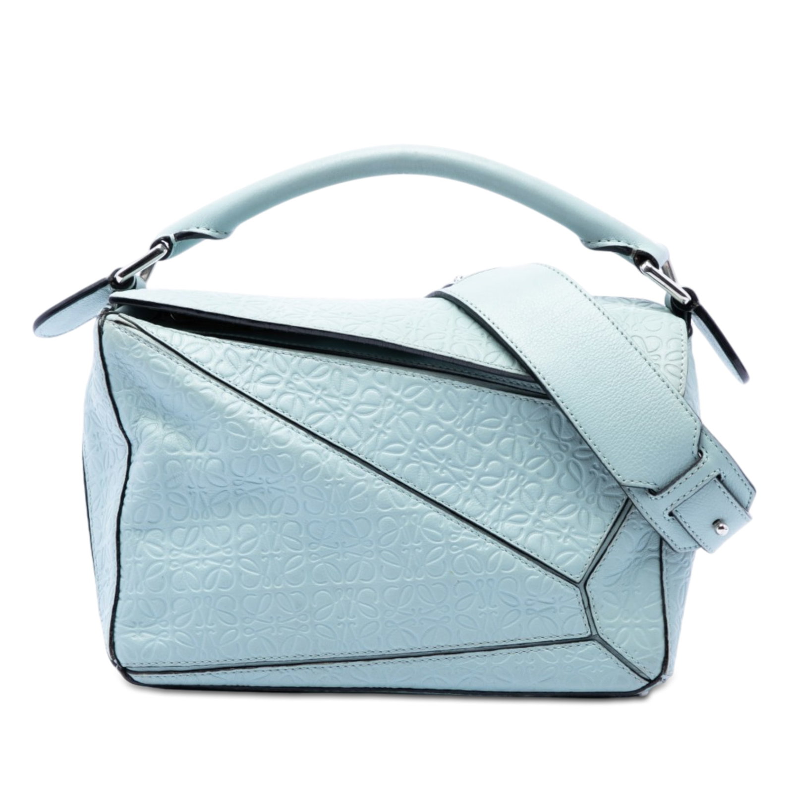LOEWE Puzzle Small Satchel in Blue Embossed Calfskin: LOEWE Puzzle Small Satchel in Blue Embossed Calfskin This LOEWE Puzzle satchel is crafted in embossed calfskin leather in blue. It features a rolled leather top handle, a detachable flat leather strap