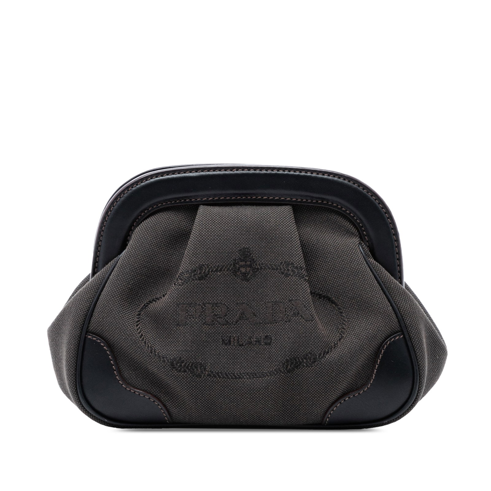 Prada Canapa Logo Frame Canvas Pouch with Leather Trim: Prada Canapa Logo Frame Canvas Pouch with Leather Trim Prada Canvas Canapa Logo Frame Pouch with a canvas body, leather trim, and a top frame with snap button closure. Made in Italy. Condition AB with