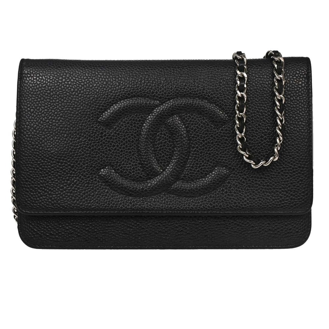 CHANEL Timeless WOC black caviar leather wallet on chain: CHANEL Timeless WOC black caviar leather wallet on chain Chanel Timeless WOC wallet on chain shoulder bag in black caviar skin leather. This women's folding wallet features a chain shoulder strap and 