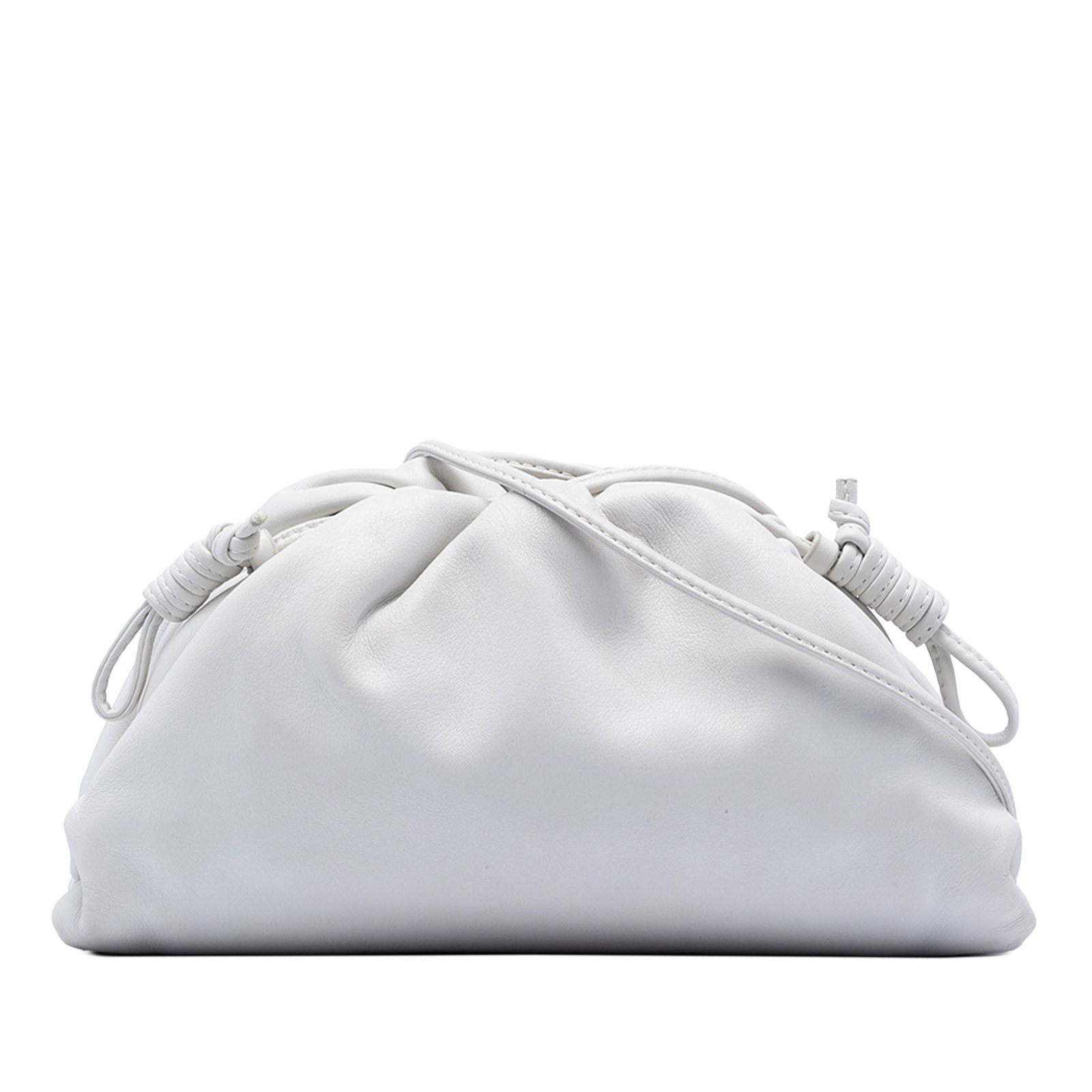 Bottega Veneta Mini Pouch White Leather Crossbody Bag: Bottega Veneta Mini Pouch White Leather Crossbody Bag This Bottega Veneta Mini Pouch Crossbody is crafted from supple lambskin leather in a white hue. It features a sleek leather body, a matching leat