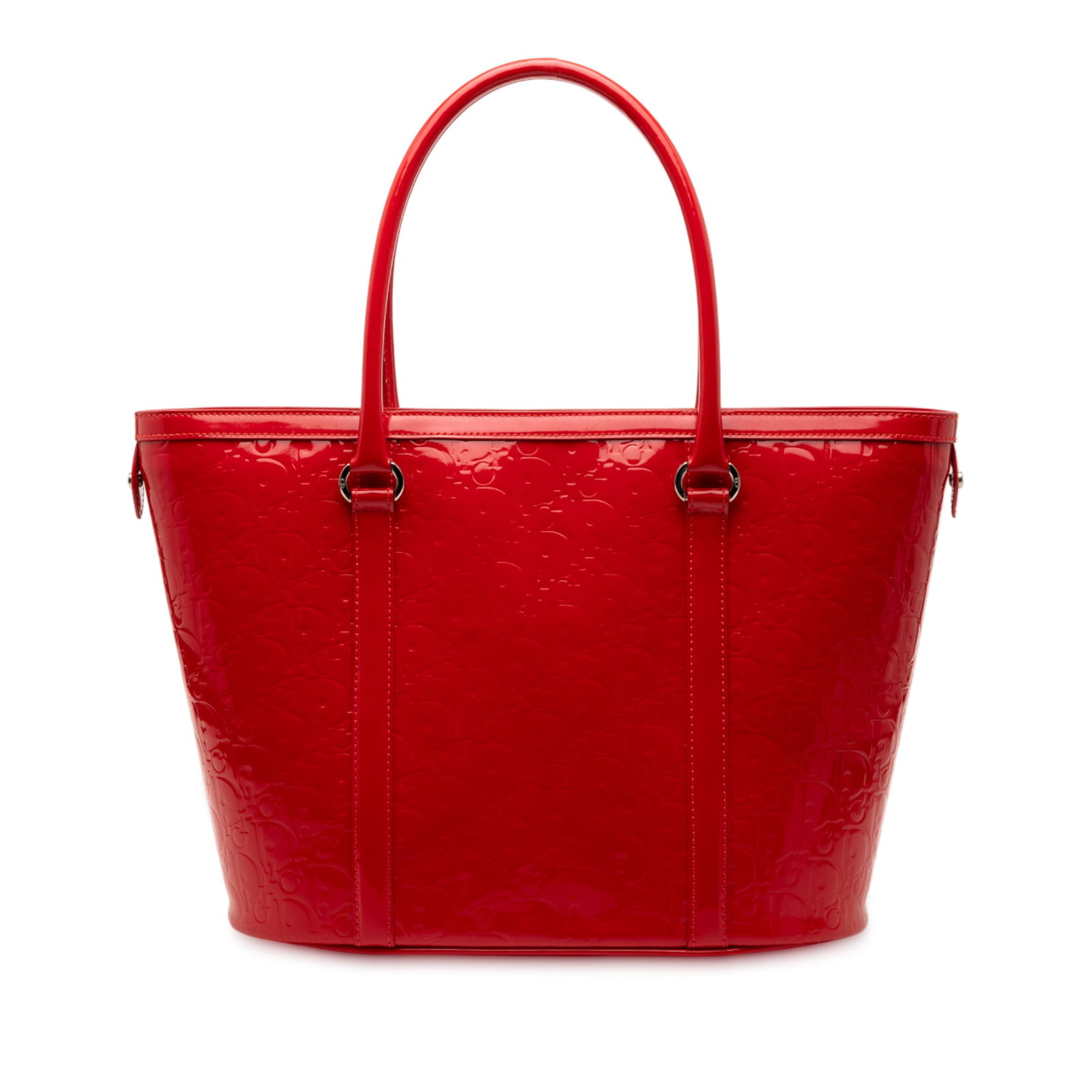Dior Diorissimo Trotter Red Patent Leather Tote Bag with Embossed Design: Dior Diorissimo Trotter Red Patent Leather Tote Bag with Embossed Design This Diorissimo Trotter Patent Tote features an embossed patent leather exterior in red with rolled leather top handles, a top 