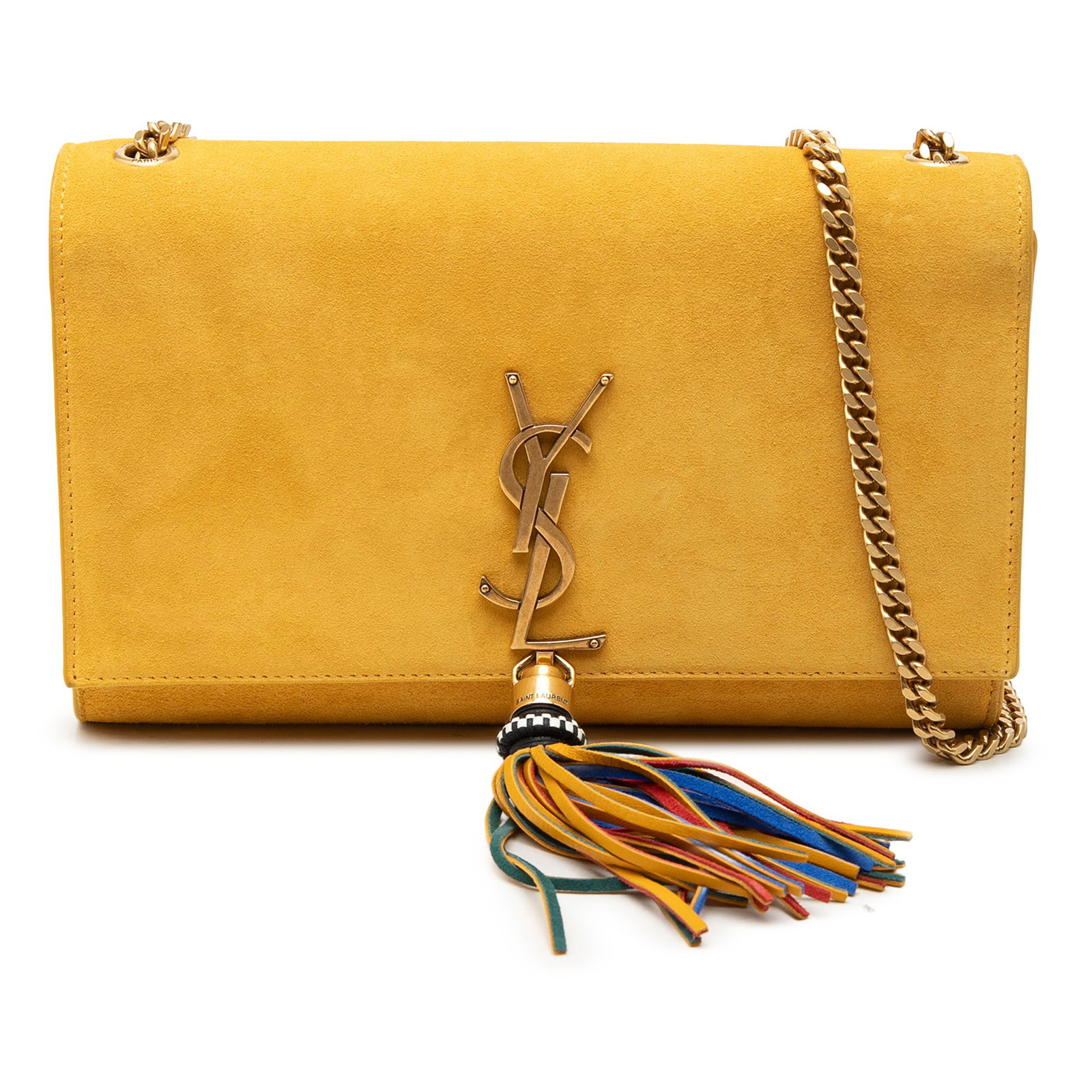 Saint Laurent Kate suede tassel crossbody bag: Saint Laurent Kate suede tassel crossbody bag This Saint Laurent Medium Suede Monogram Kate Tassel Crossbody features a yellow suede leather body with a chain shoulder strap, a front flap with magneti