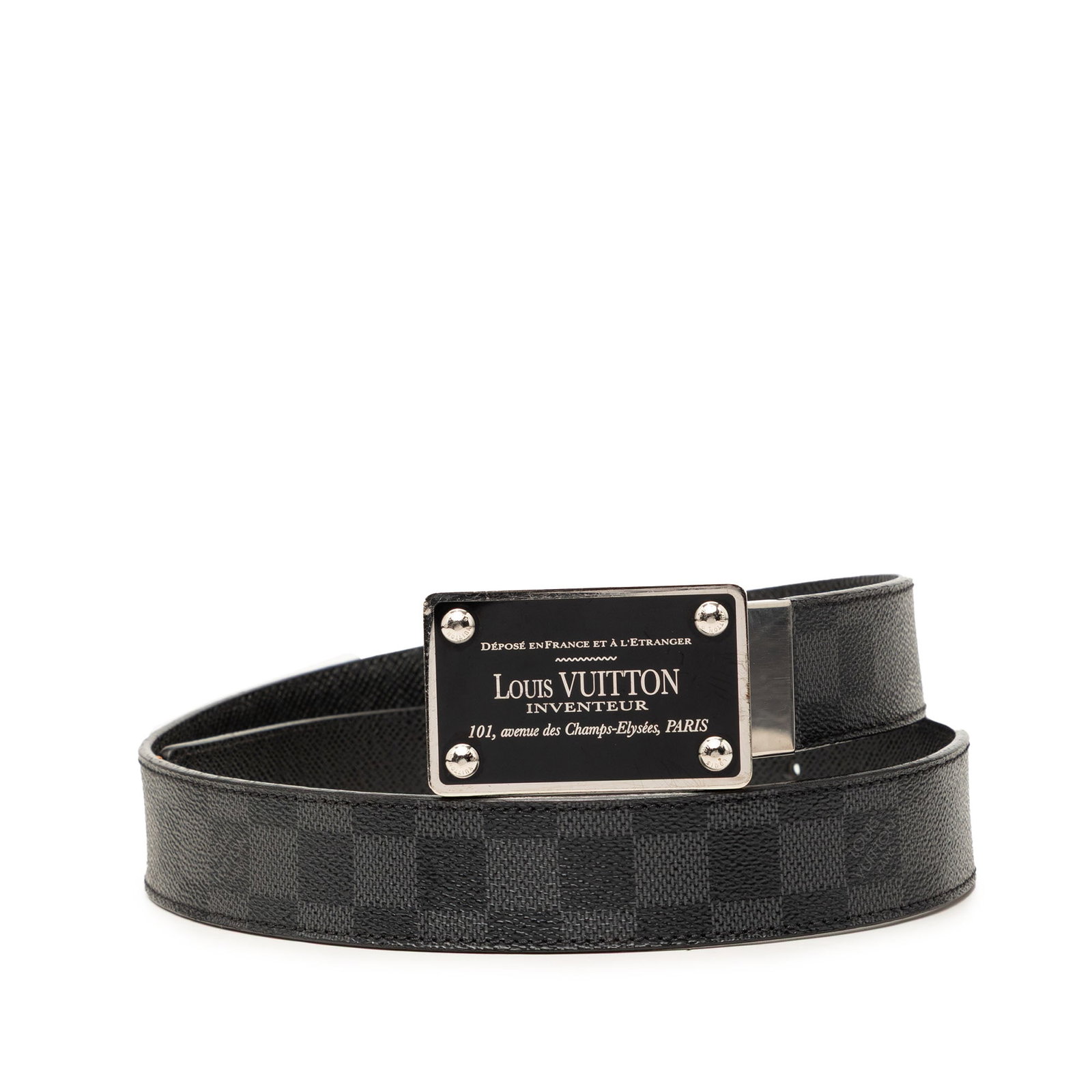 Louis Vuitton Inventeur Reversible Belt Damier Graphite Canvas Size 90: Louis Vuitton Inventeur Reversible Belt Damier Graphite Canvas Size 90 Louis Vuitton Damier Graphite Inventeur Reversible Belt in black fabric with a damier graphite canvas body and a buckle with peg-