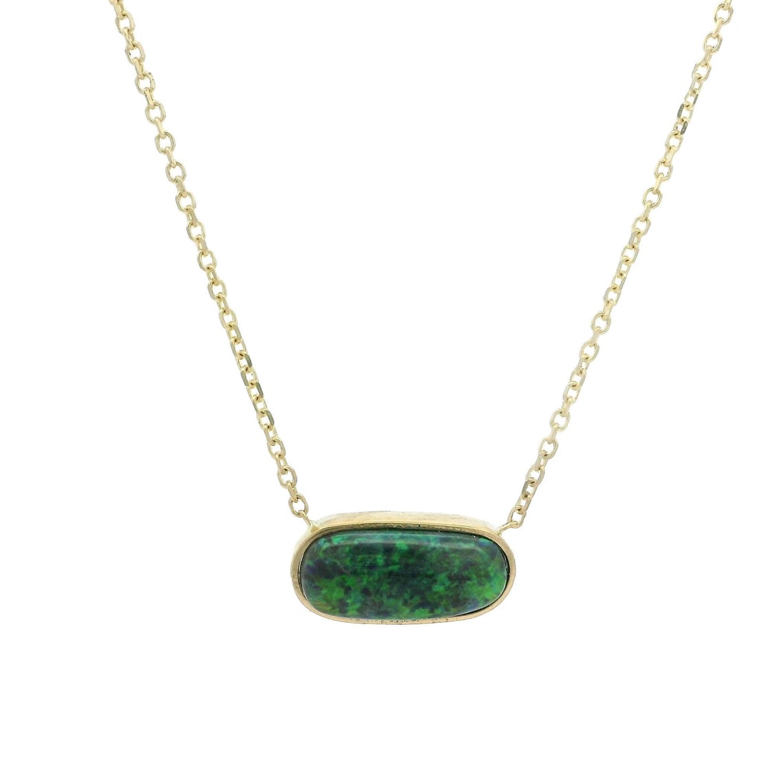 14K Yellow Gold Adjustable Black Opal Pendant Necklace 1.42ct: 14K Yellow Gold Adjustable Black Opal Pendant Necklace 1.42ct This stunning pendant necklace features a natural black opal, elegantly set in solid 14k yellow gold. The opal is an elongated oval caboch