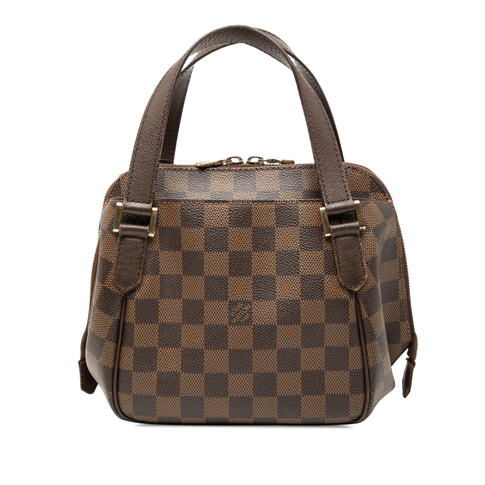 Louis Vuitton Belem PM Brown Damier Ebene Canvas Handbag with Leather Trim: Louis Vuitton Belem PM Brown Damier Ebene Canvas Handbag with Leather Trim The Louis Vuitton Damier Ebene Belem PM features a signature Damier canvas body accented with leather trim and flat leather h
