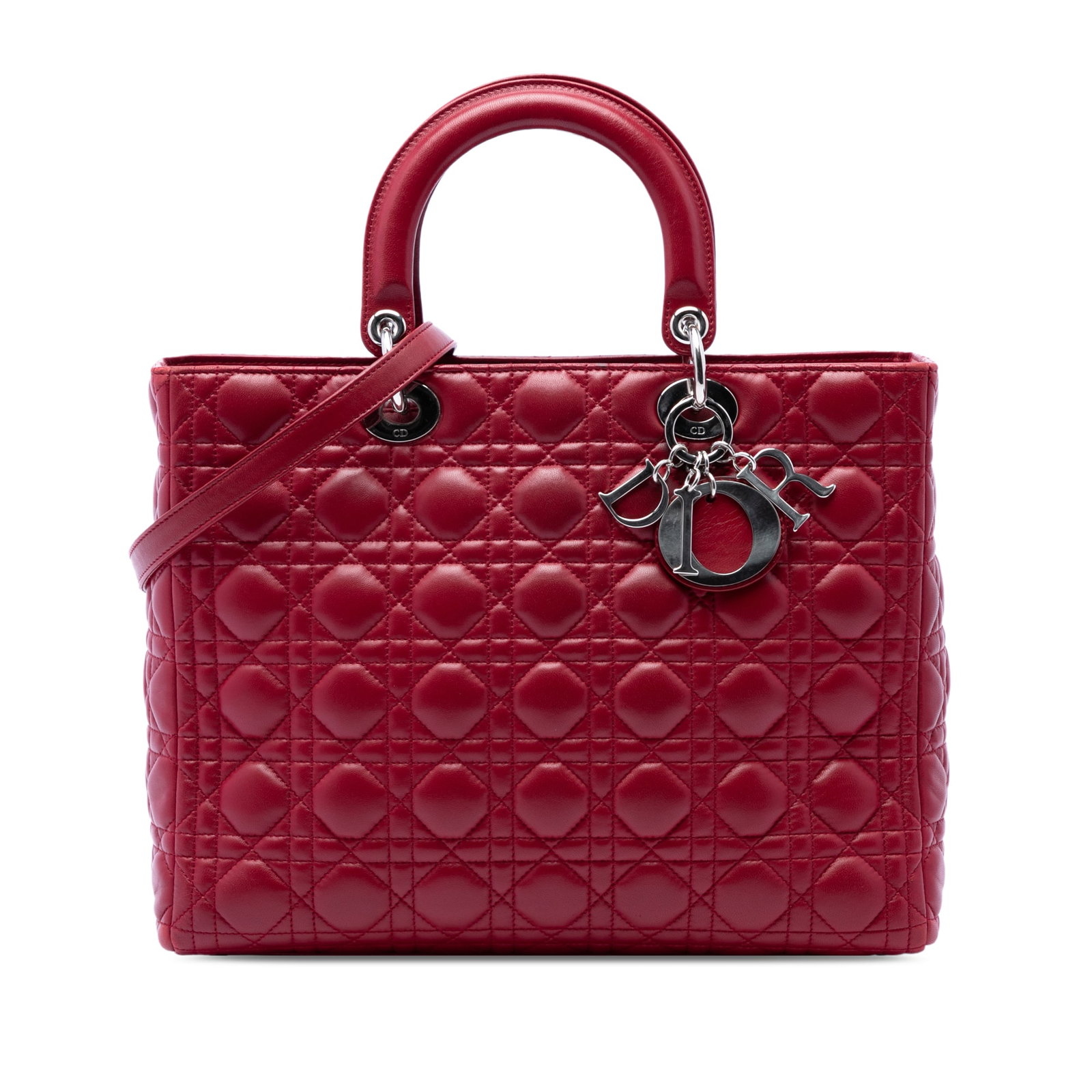 Dior Lady Dior Large Cannage Lambskin Handbag Red: Dior Lady Dior Large Cannage Lambskin Handbag Red This Large Lambskin Cannage Lady Dior bag is crafted in quilted lambskin leather with flat leather top handles, a detachable flat leather shoulder str