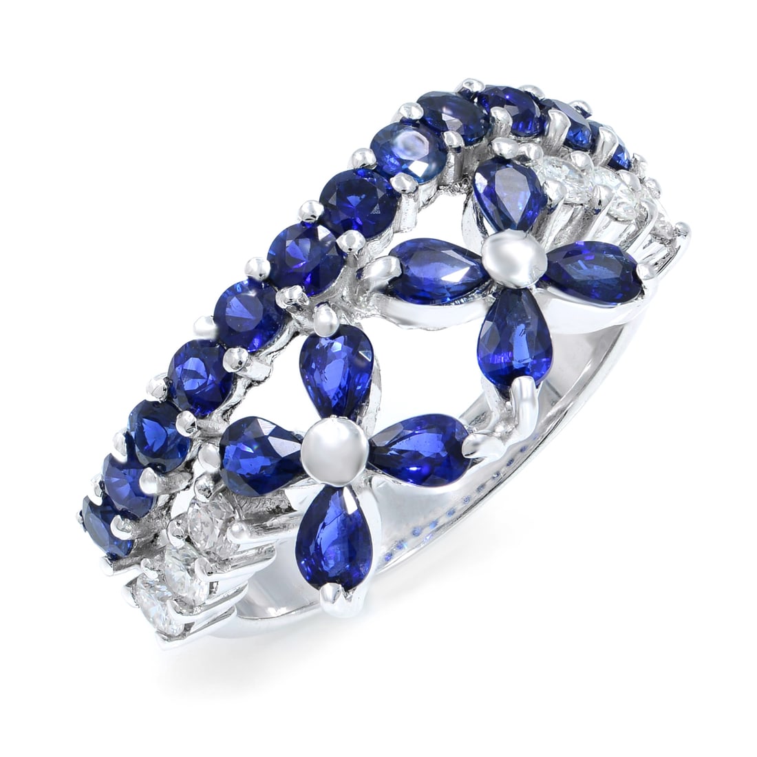 Rachel Koen 18K White Gold Floral Sapphire Diamond Ring 2.44cts SZ8: Rachel Koen 18K White Gold Floral Sapphire Diamond Ring 2.44cts SZ8 This exquisite Rachel Koen ring showcases a stunning floral motif, crafted from 18K white gold. It features a total carat weight of 