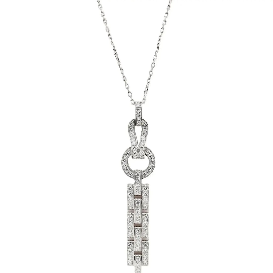 Agrafe Pendant Necklace in 18K White Gold with 1.48ct Diamonds by Cartier: Agrafe Pendant Necklace in 18K White Gold with 1.48ct Diamonds by Cartier This Cartier Agrafe pendant necklace is crafted in 18K white gold and features a supple, fluid design. The pendant is set with
