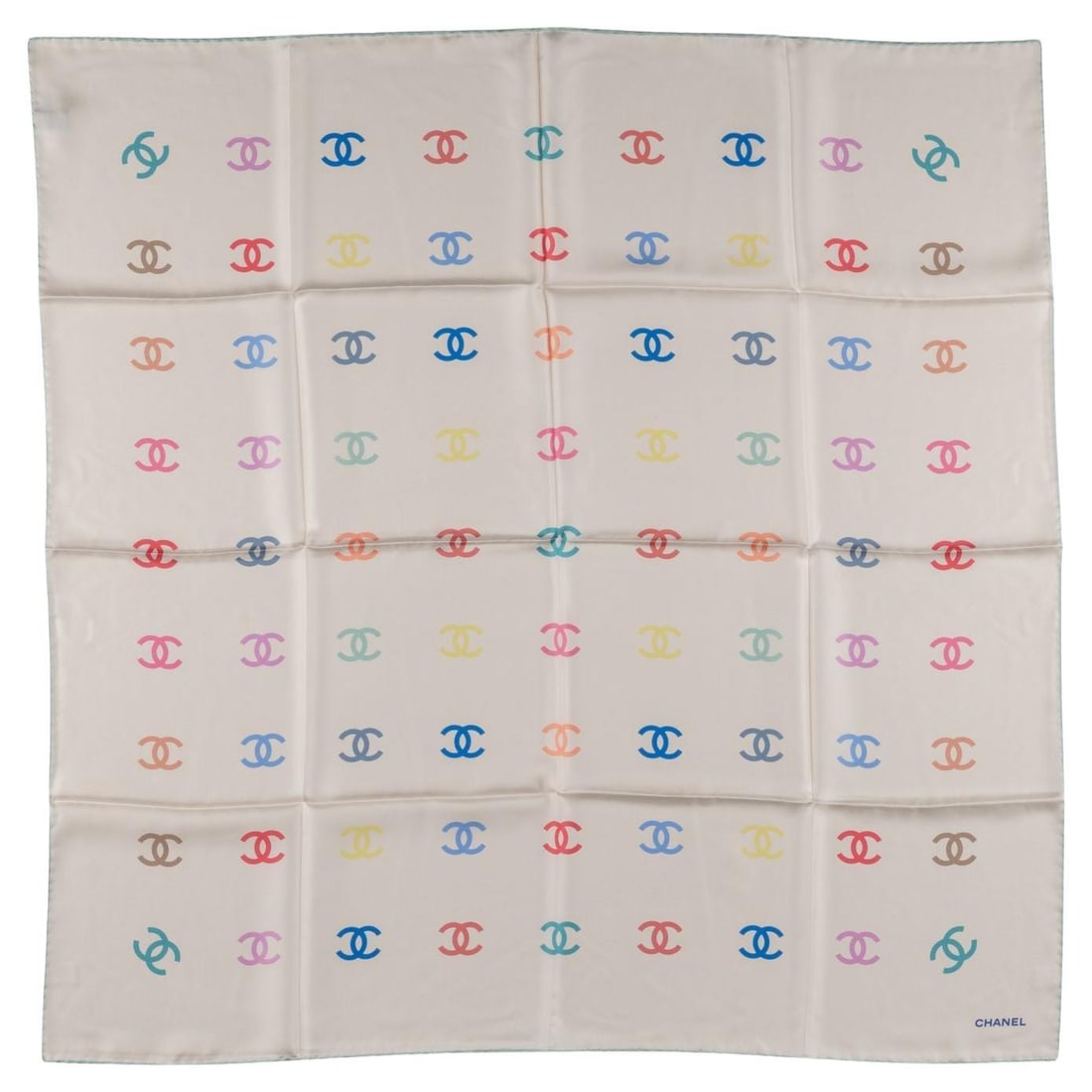 Chanel CC Logo Silk Scarf White Multicolor Print 34 in: Chanel CC Logo Silk Scarf White Multicolor Print 34 in White Chanel scarf in 100% silk with a multicolor CC print. Made in Italy and dated to the 21st Century. Brand new, unused condition. Specificati