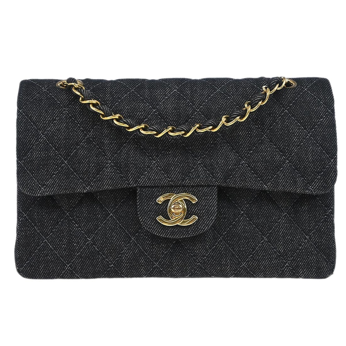 CHANEL Classic Double Flap Small Shoulder Bag in Indigo Denim: CHANEL Classic Double Flap Small Shoulder Bag in Indigo Denim Chanel Small Classic Double Flap shoulder bag in indigo denim with the signature matelasse pattern and flap turnlock closure. This women's