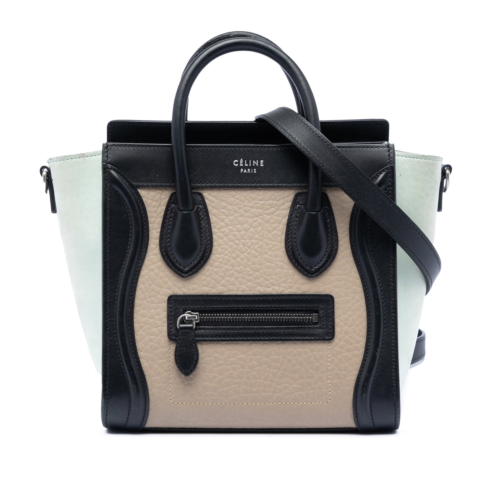 Nano Luggage Tote by Celine in Tricolor Leather with Shoulder Strap: Nano Luggage Tote by Celine in Tricolor Leather with Shoulder Strap This Celine Nano Tricolor Leather Luggage Tote features a tricolor leather body, rolled leather handles, a detachable flat leather s