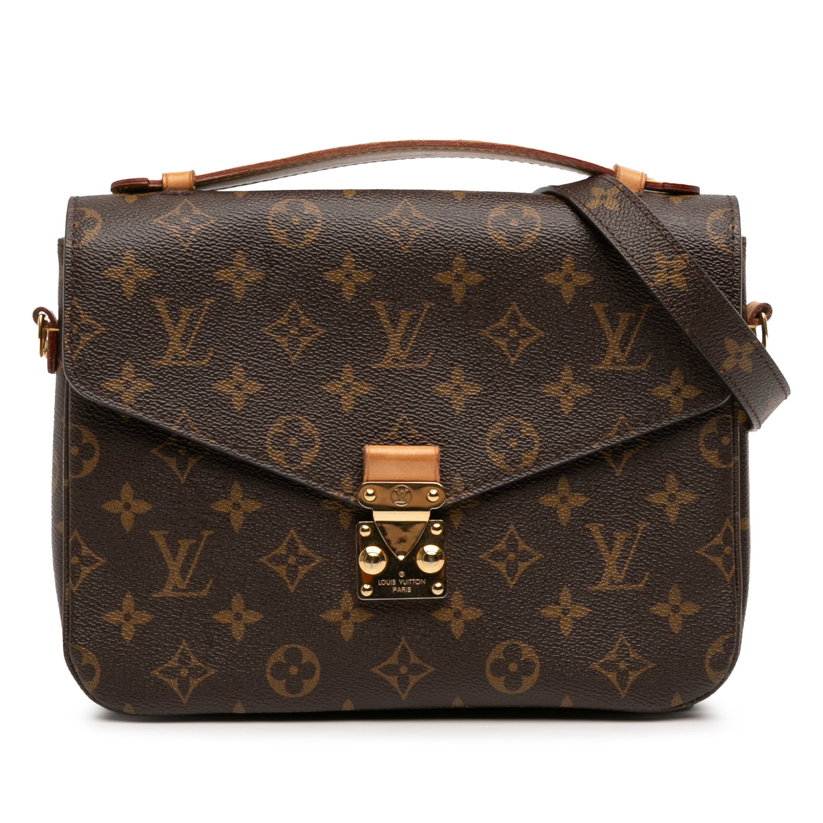 Louis Vuitton Pochette Metis Shoulder Bag with Monogram Canvas and S-Lock: Louis Vuitton Pochette Metis Shoulder Bag with Monogram Canvas and S-Lock This Louis Vuitton Monogram Pochette Metis features a monogram canvas body with a flat vachetta leather top handle and a detac