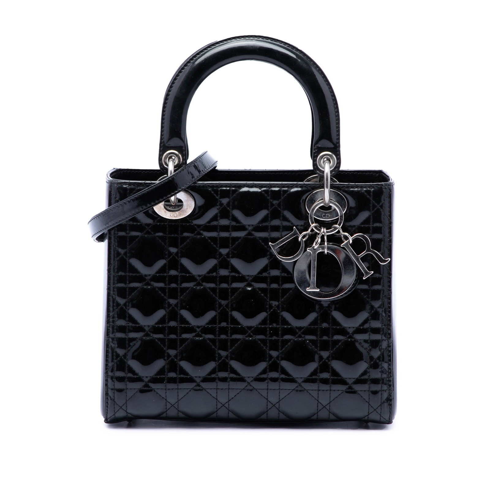 Dior Lady Dior Medium Cannage Patent Leather Handbag Black: Dior Lady Dior Medium Cannage Patent Leather Handbag Black The Medium Patent Cannage Lady Dior is a black quilted patent leather bag from Dior, made in Italy. It features flat leather top handles, a d