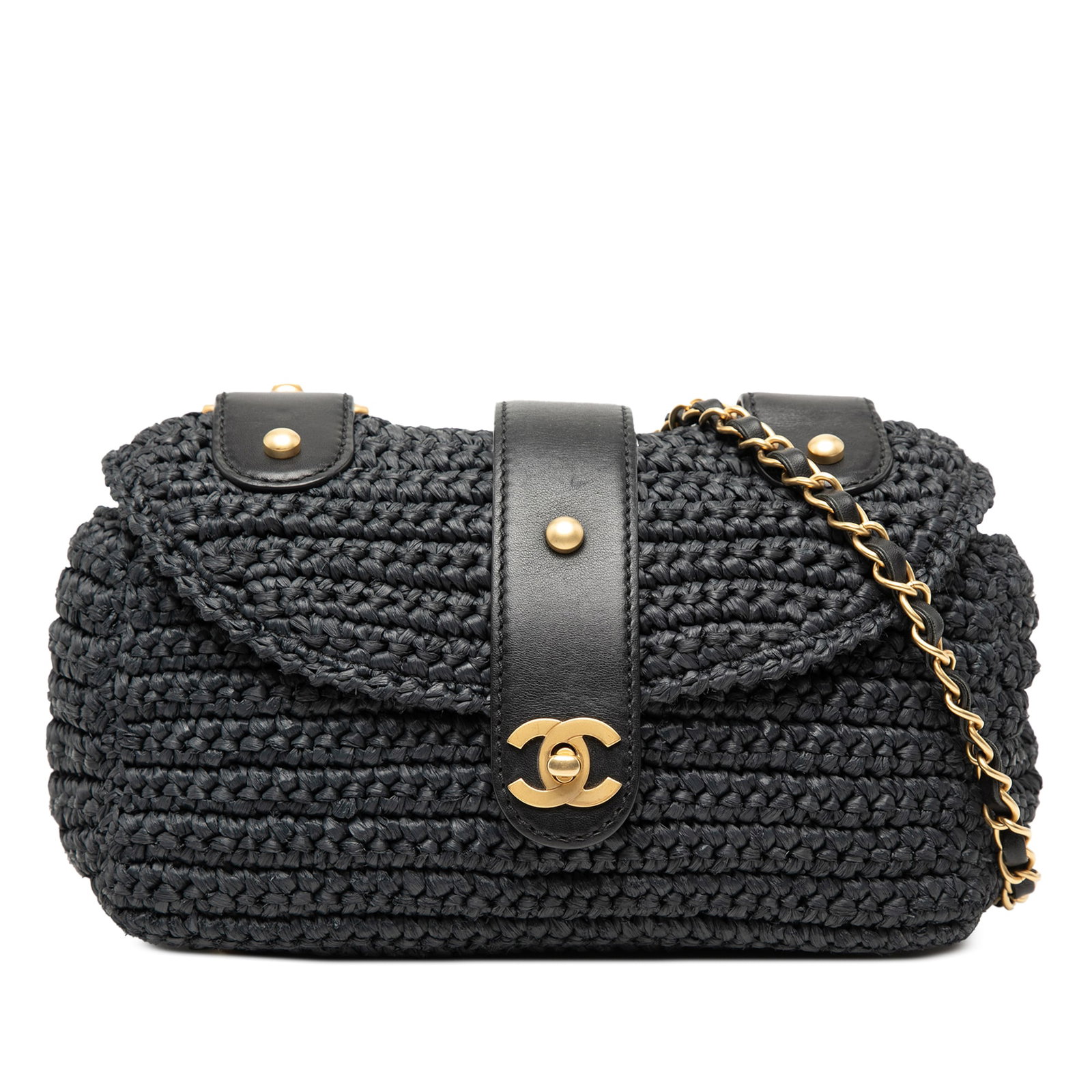 Chanel CC Raffia Black Leather Crossbody Bag: Chanel CC Raffia Black Leather Crossbody Bag This Chanel CC Raffia Crossbody bag features a woven raffia body complemented by leather trim and a leather-woven chain strap. It is designed with a top st