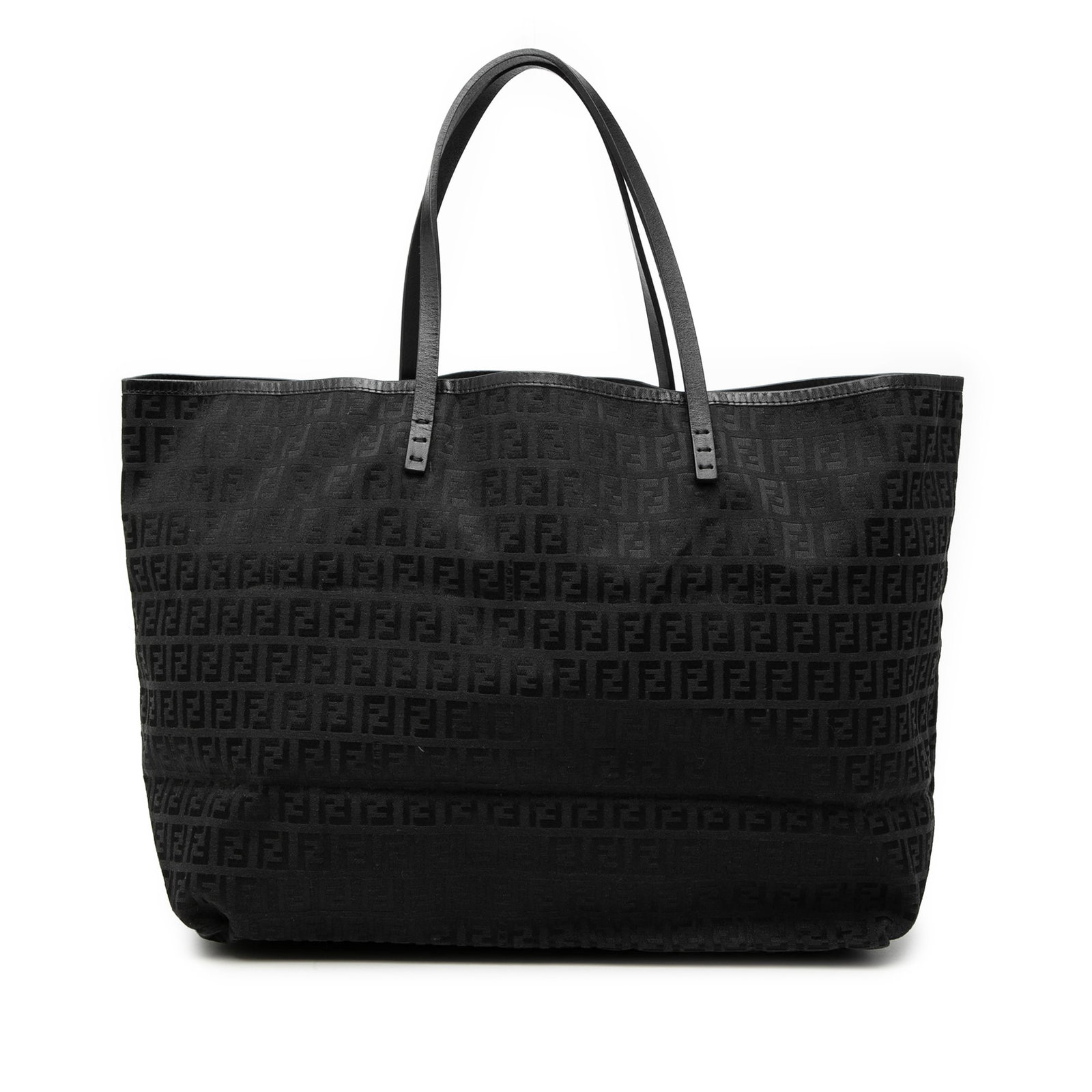Fendi Zucchino Pattern Medium Canvas Tote with Leather Trim: Fendi Zucchino Pattern Medium Canvas Tote with Leather Trim This Fendi Medium Zucchino Canvas Roll Tote features a canvas body with leather trim, flat leather handles, and an open top design. The bag 