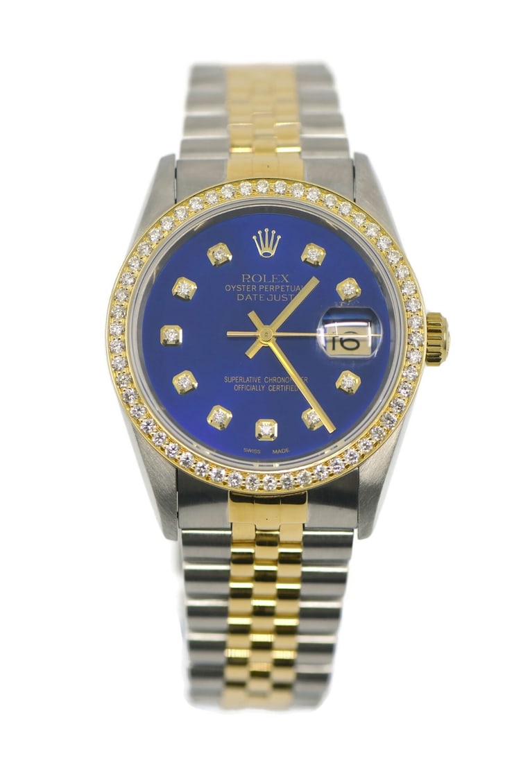 Rolex Datejust 16233 Blue Dial Diamond 18K Gold Stainless Steel 36mm Watch: Rolex Datejust 16233 Blue Dial Diamond 18K Gold Stainless Steel 36mm Watch This Rolex Datejust wristwatch features a classic blue dial set in a 36 mm stainless steel case with 18K accents. The watch i