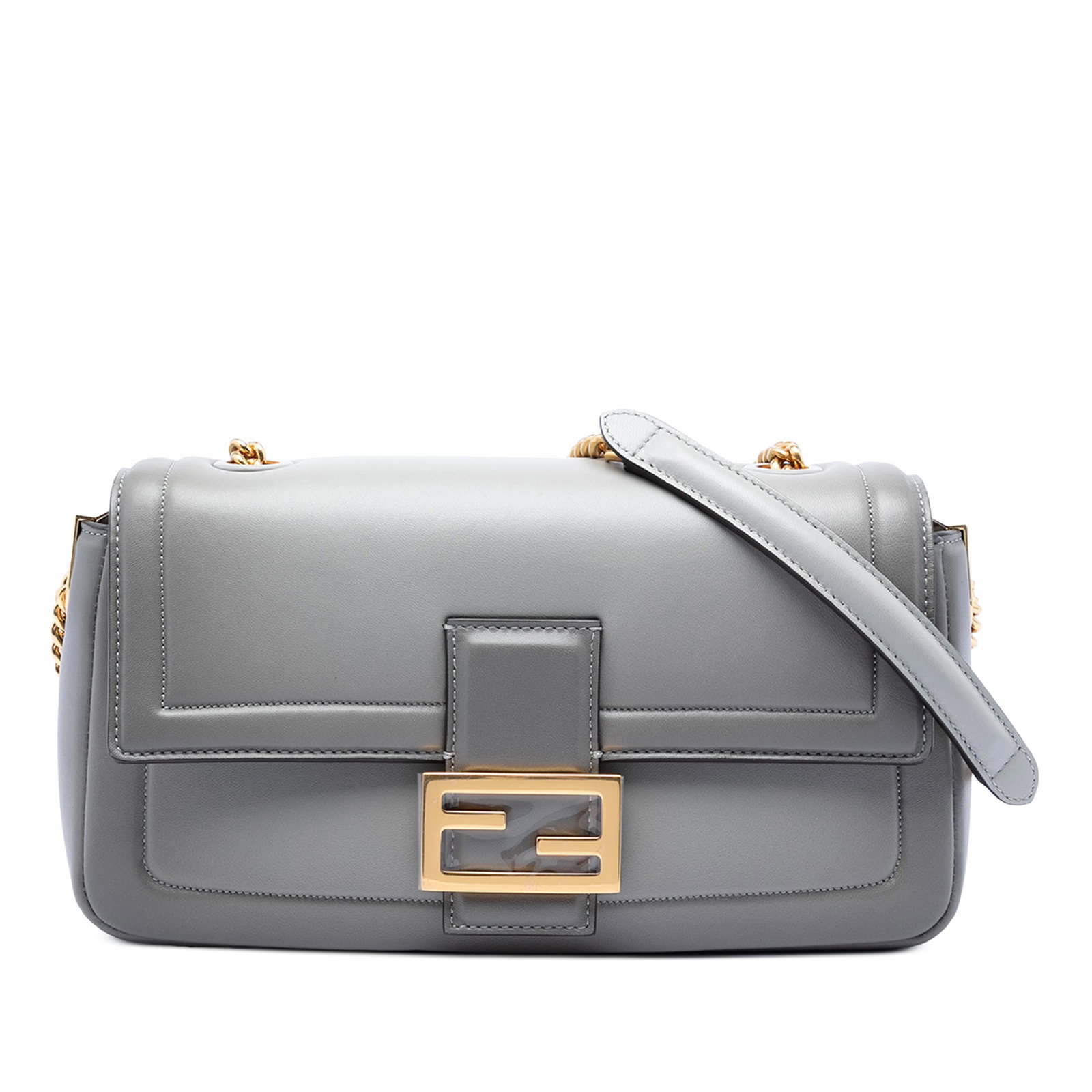Fendi Baguette Chain Midi Gray Leather Shoulder Bag (1 of 5)