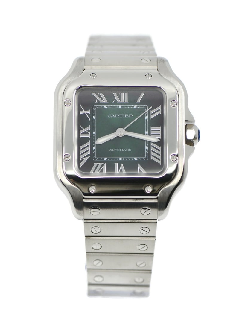 Cartier Santos Medium Automatic Stainless Steel Watch WSSA0061 Green Dial: Cartier Santos Medium Automatic Stainless Steel Watch WSSA0061 Green Dial The Cartier Santos Medium Stainless Steel Watch WSSA0061 is a sophisticated timepiece that combines elegance with functionalit