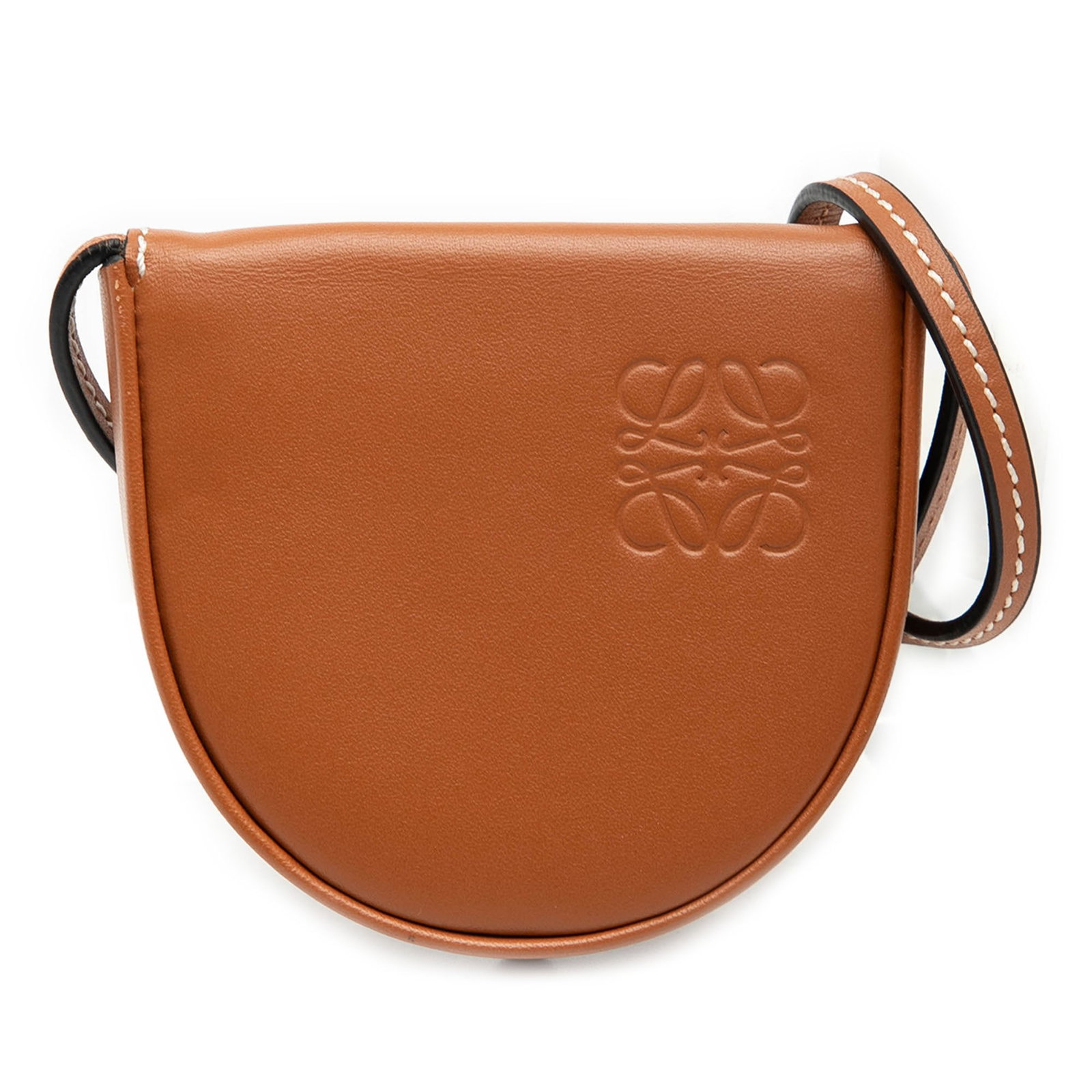 Mini Heel Crossbody Bag by Loewe in Soft Brown Calfskin Leather: Mini Heel Crossbody Bag by Loewe in Soft Brown Calfskin Leather This LOEWE Mini Soft Calfskin Heel Pouch features a brown leather body, a flat shoulder strap, and a flap closure. The bag includes a