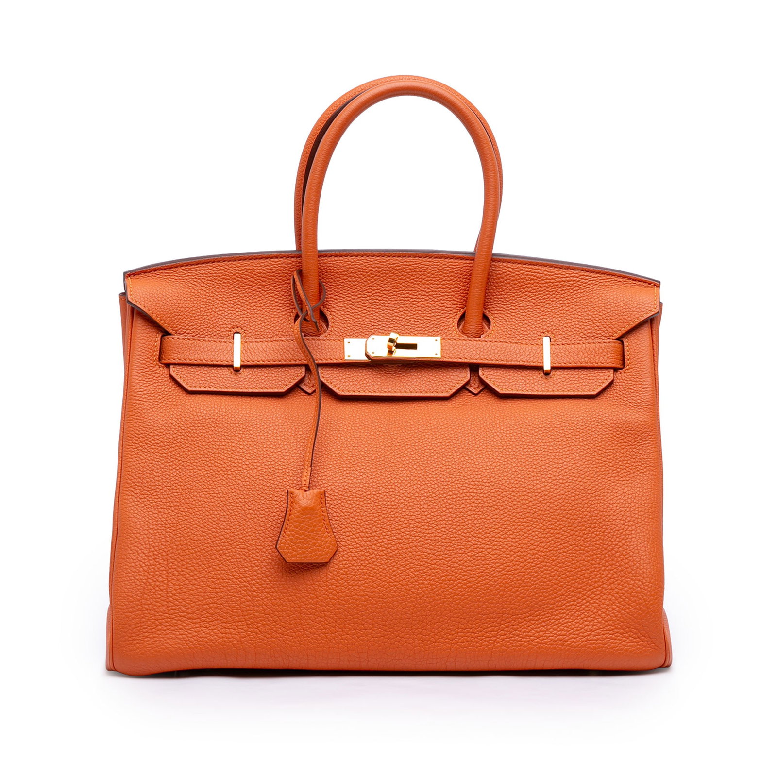 Hermes Birkin Retourne 35 Togo Leather Handbag Potiron: Hermes Birkin Retourne 35 Togo Leather Handbag Potiron Hermes Togo Birkin Retourne 35 bag in Potiron orange leather, made in France. It features rolled leather handles, a front flap with strap and