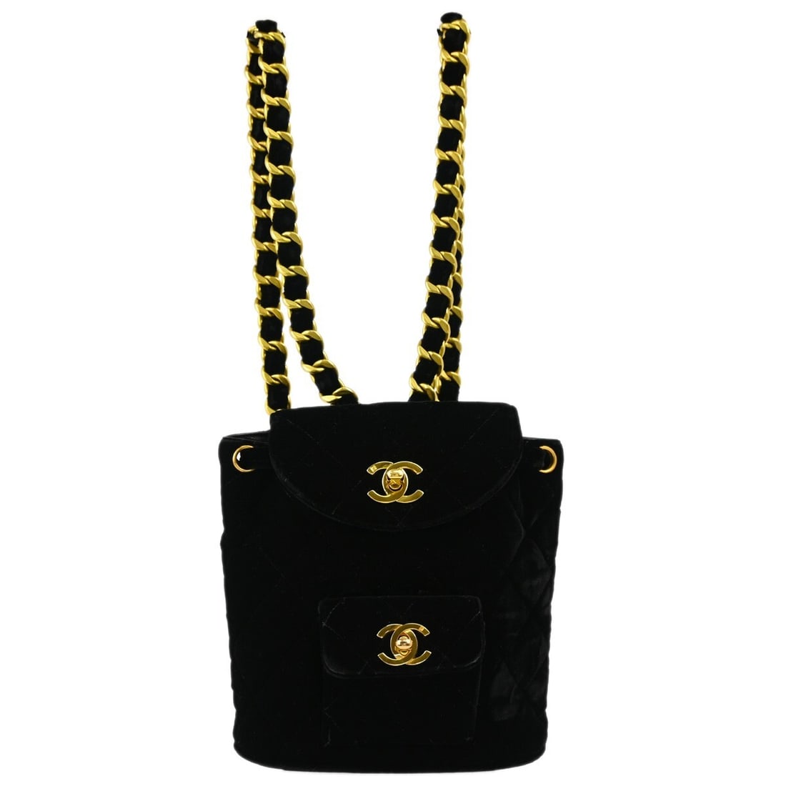 CHANEL Mini Duma Backpack in Black Velvet: CHANEL Mini Duma Backpack in Black Velvet Chanel Small Duma backpack in black velvet with a drawstring closure and chain strap. This mini women's backpack features a black leather lining, logo accent,
