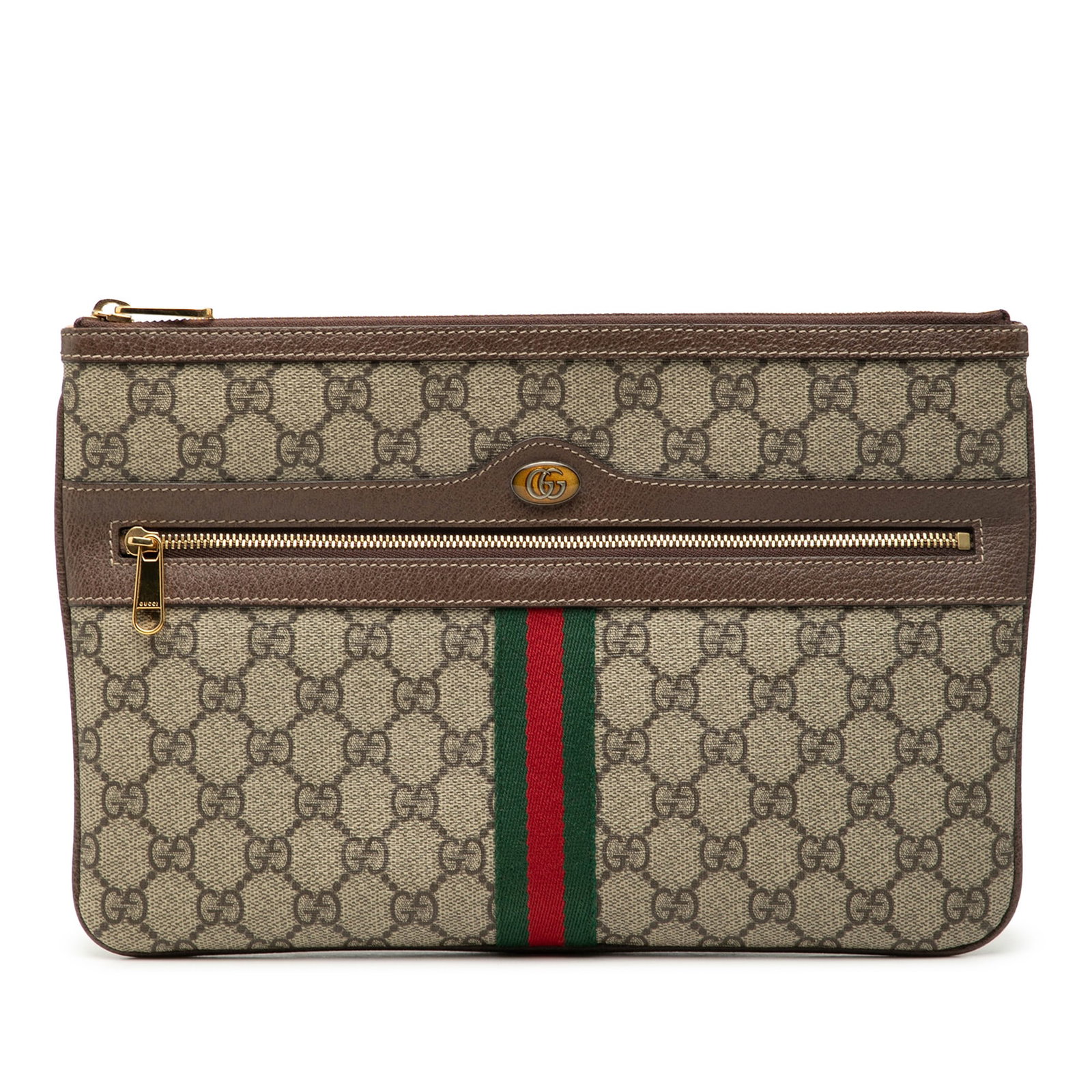 Gucci GG Supreme Web Ophidia beige clutch bag with leather trim and zip pockets: Gucci GG Supreme Web Ophidia beige clutch bag with leather trim and zip pockets This Gucci GG Supreme Web Ophidia clutch features a coated canvas exterior with leather trim, a top zip closure, and an 