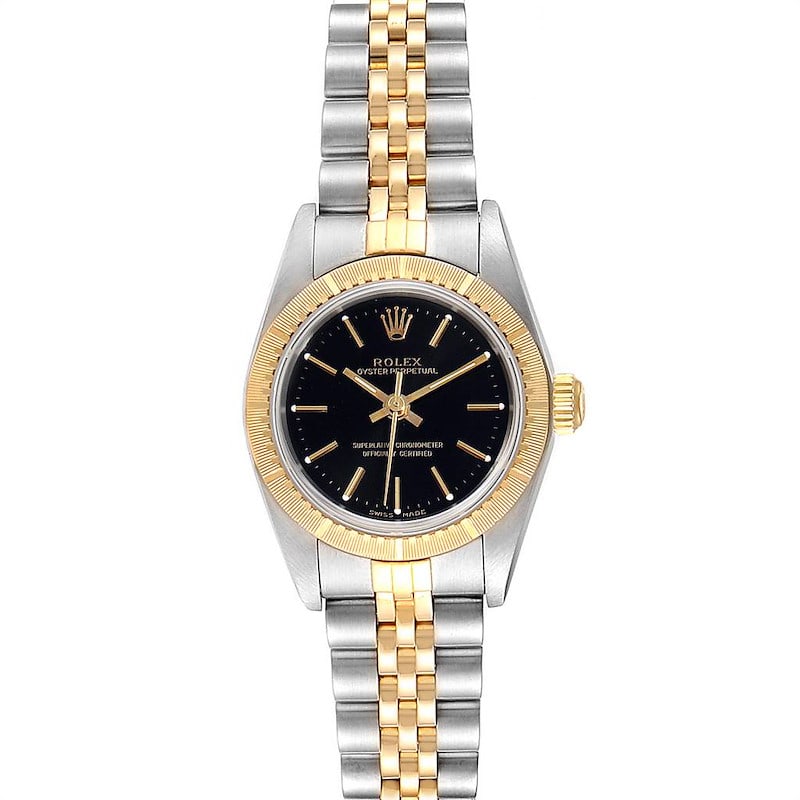 Rolex Datejust Lady 76243 Black Stick Dial Jubilee Bracelet: Rolex Datejust Lady 76243 Black Stick Dial Jubilee Bracelet This Rolex Datejust Lady features a black stick dial, an engine-turned bezel, and a D-Link Jubilee bracelet. The watch is designed for women