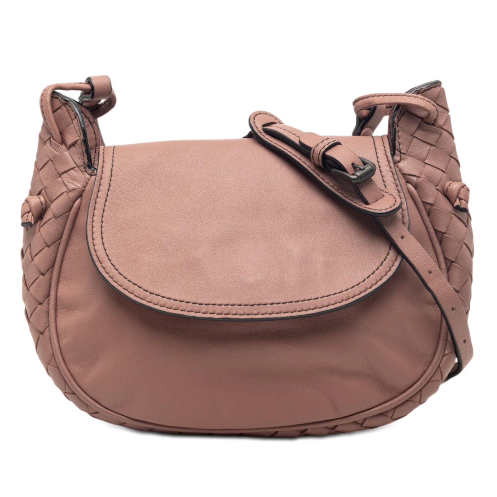 Bottega Veneta Pink Intrecciato Nappa Crossbody Flap Bag: Bottega Veneta Pink Intrecciato Nappa Crossbody Flap Bag This Bottega Veneta Small Intrecciato Trimmed Nappa Nodini Flap is a stylish crossbody bag crafted from woven leather in a pink hue. It feature
