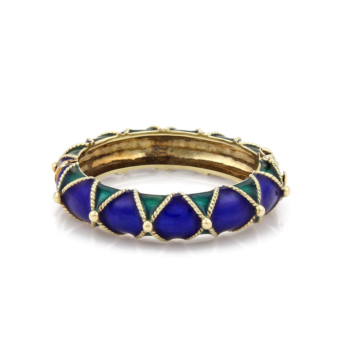Vintage 14k Yellow Gold Dome Bangle Blue Green Enamel 84.1g: Vintage 14k Yellow Gold Dome Bangle Blue Green Enamel 84.1g Hefty vintage dome bangle bracelet crafted in 14k yellow gold with alternating dark green and cobalt blue enamel accents. The design feature